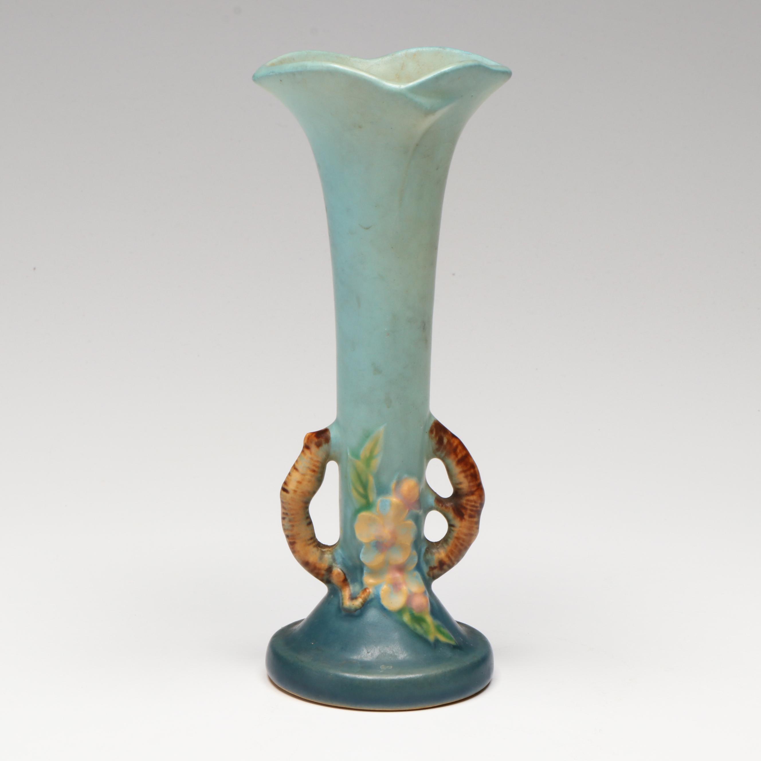 Roseville "Apple Blossom" Ceramic Bud Vase with Crystal Bowl