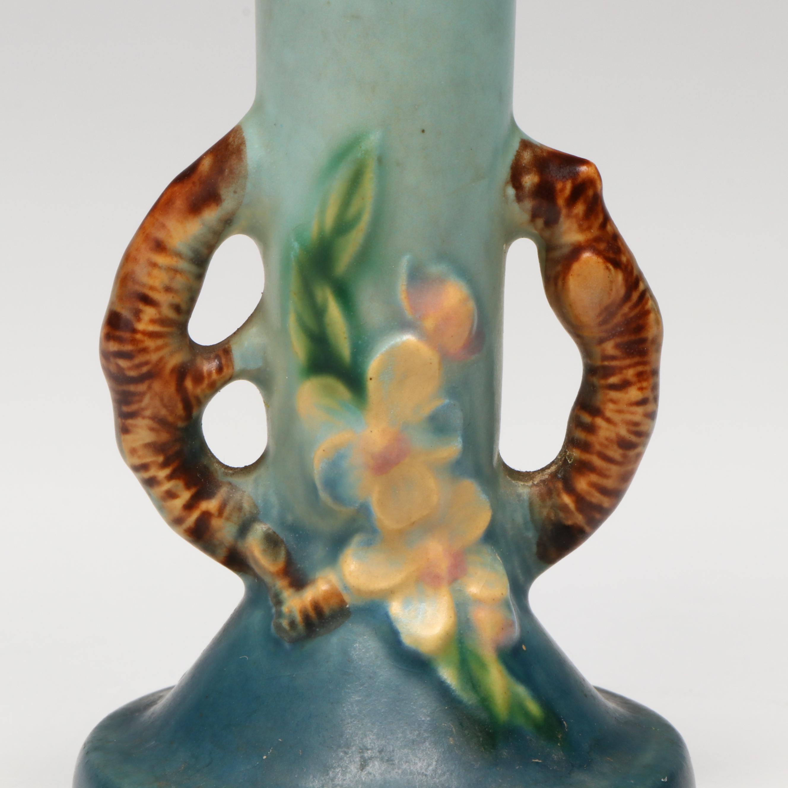 Roseville "Apple Blossom" Ceramic Bud Vase with Crystal Bowl