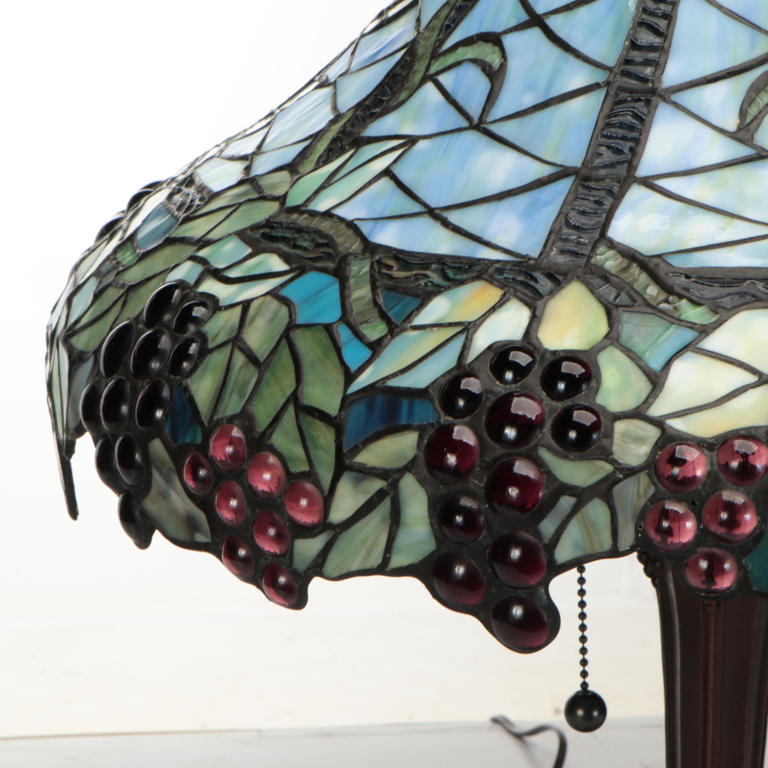 Art Nouveau Style Grapevine Table Lamp with Jeweled Slag Glass Shade