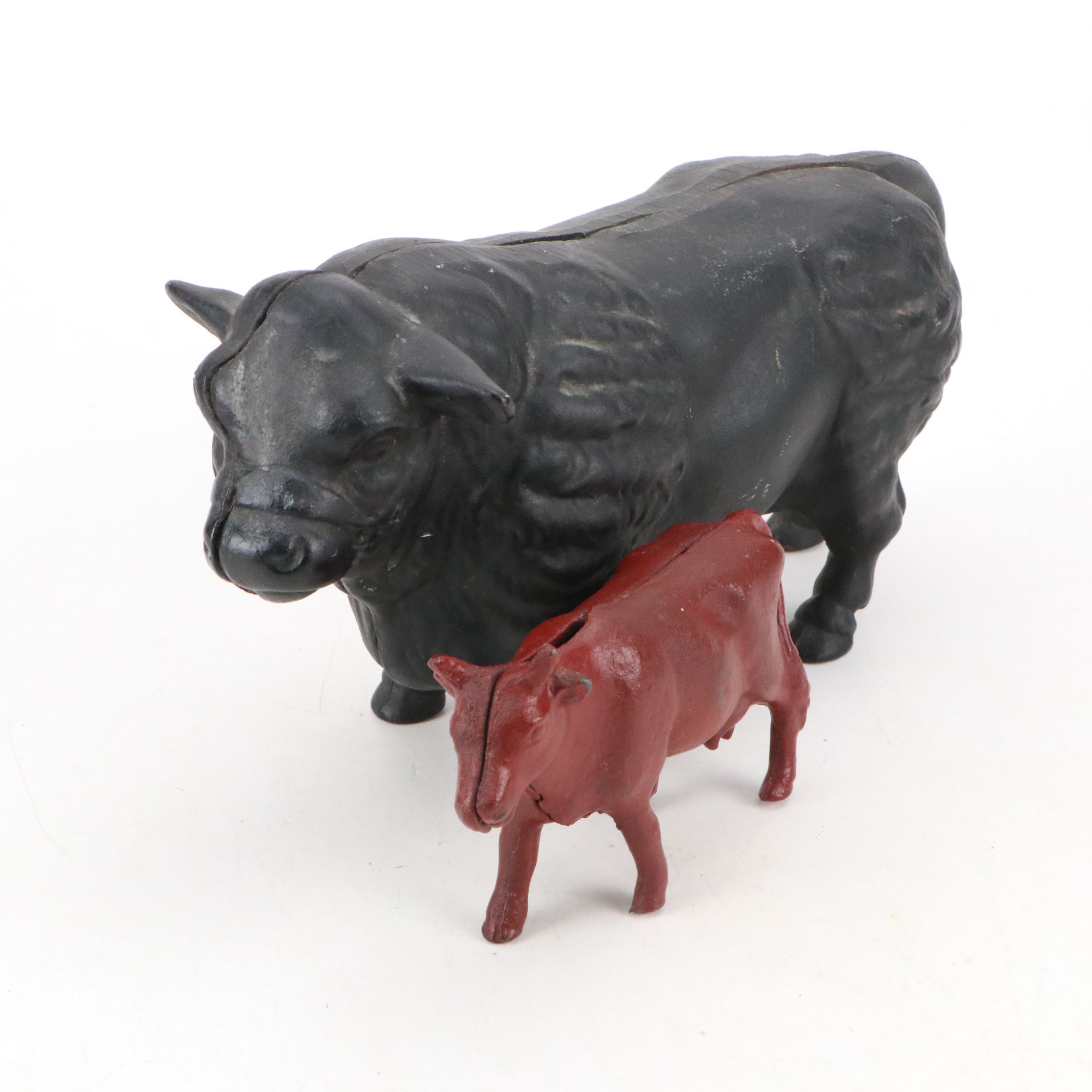 Painted Cast Iron Bull and Cow Coin Banks