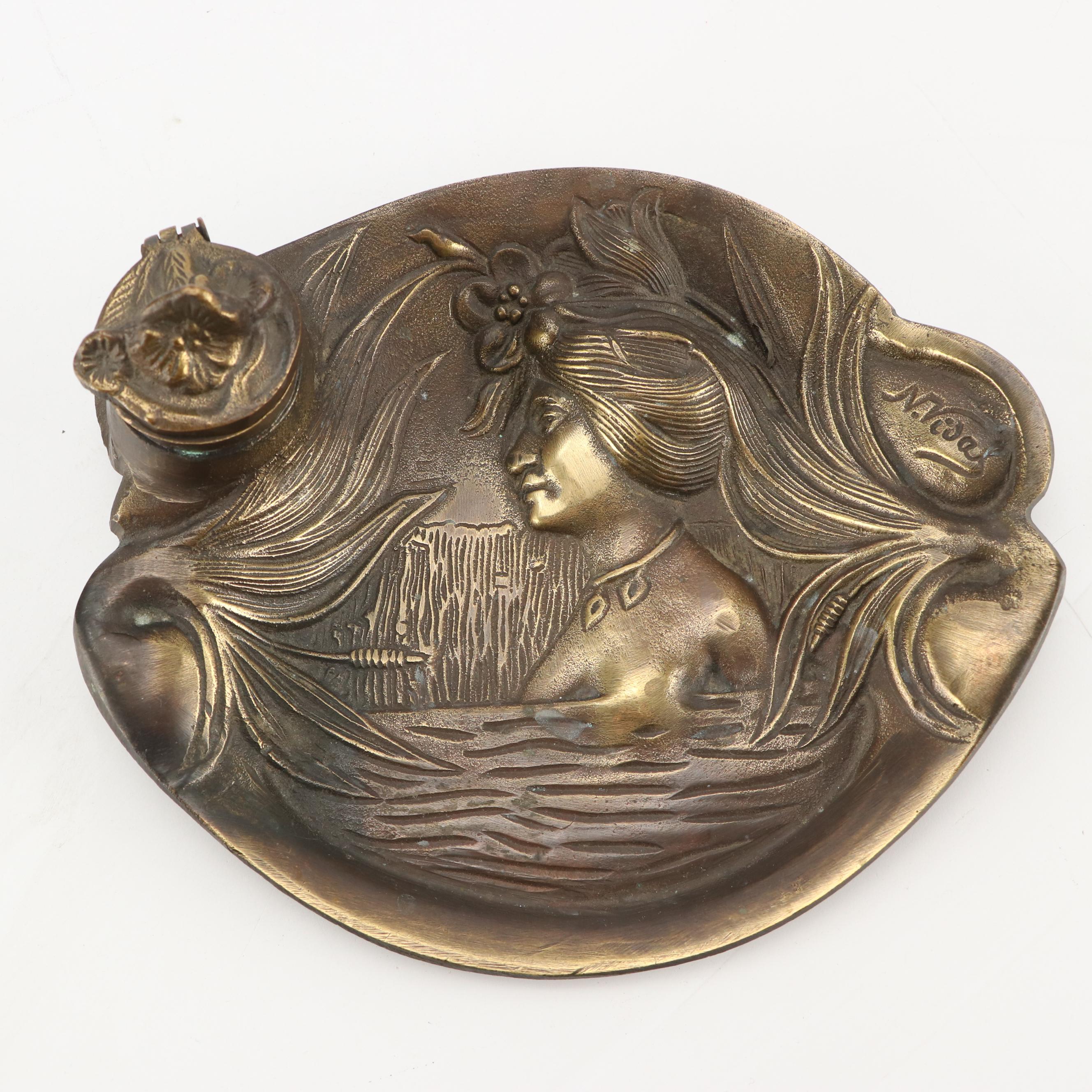 N. Vidal Art Nouveau Style Cast Metal Inkwell and Levered Brass Hand Desk Clip