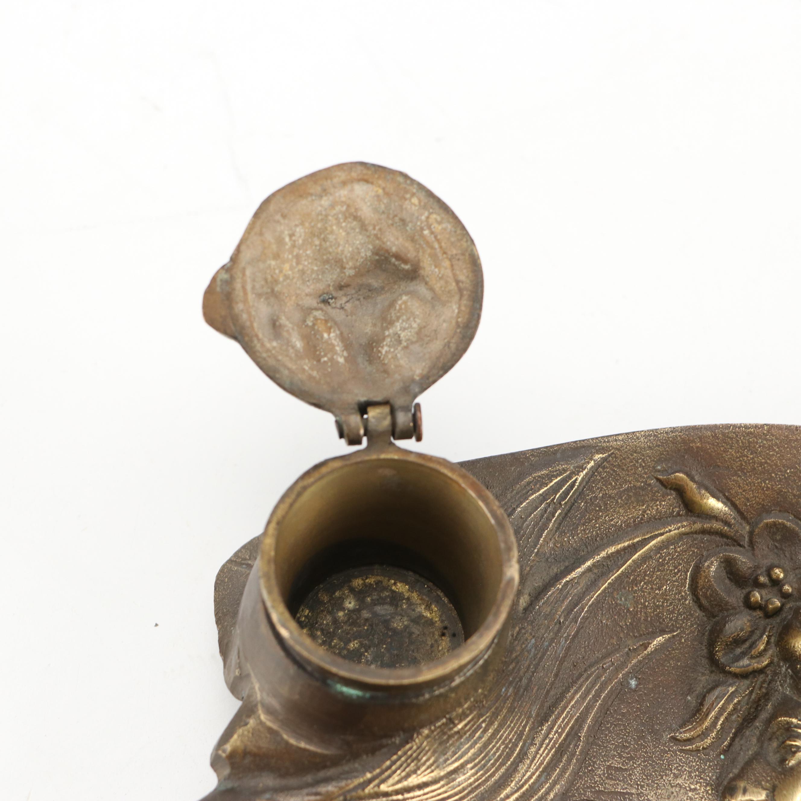 N. Vidal Art Nouveau Style Cast Metal Inkwell and Levered Brass Hand Desk Clip