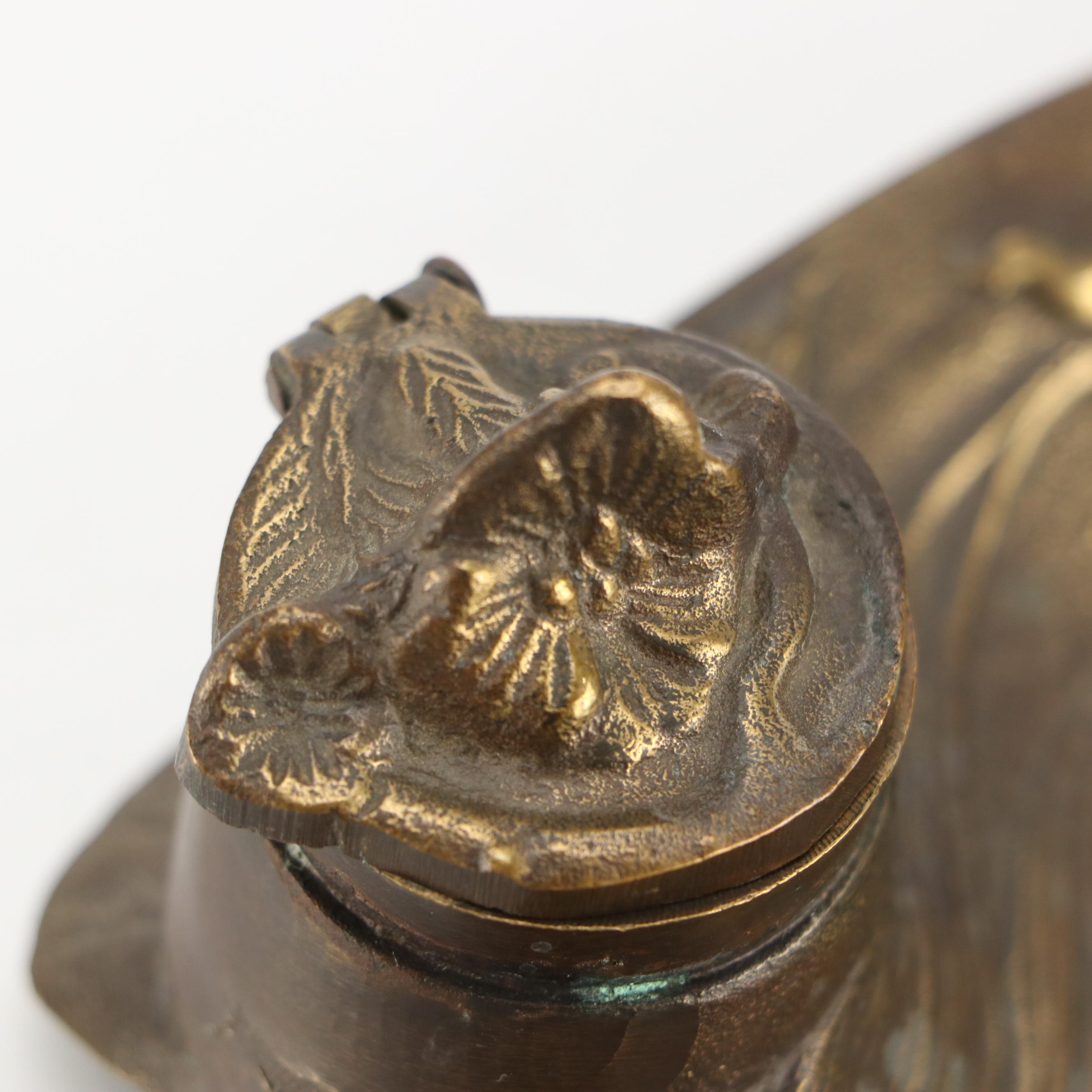 N. Vidal Art Nouveau Style Cast Metal Inkwell and Levered Brass Hand Desk Clip