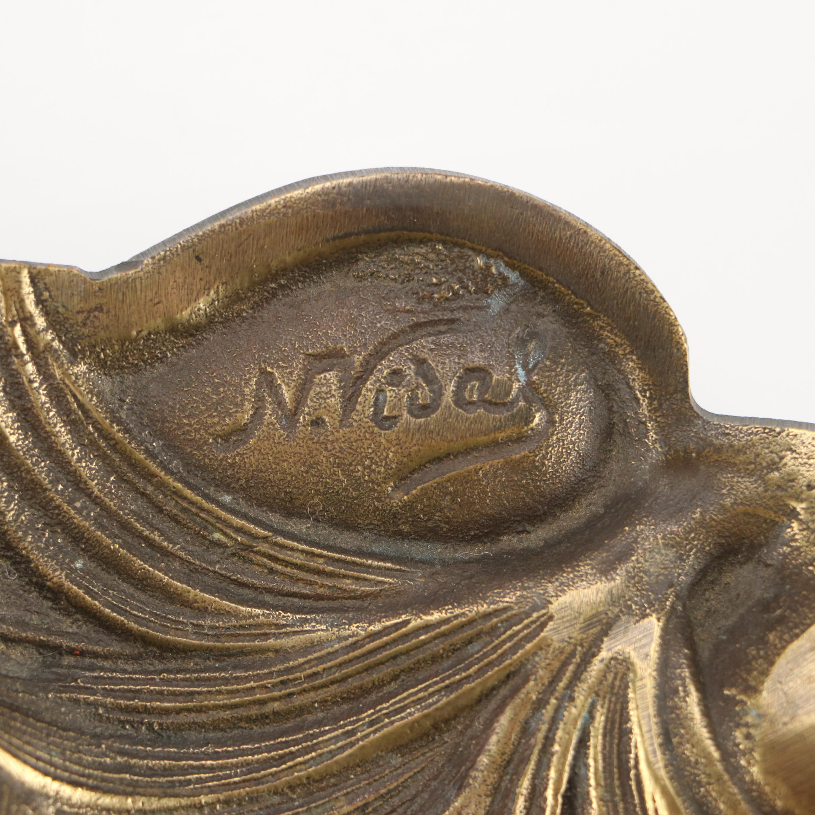 N. Vidal Art Nouveau Style Cast Metal Inkwell and Levered Brass Hand Desk Clip