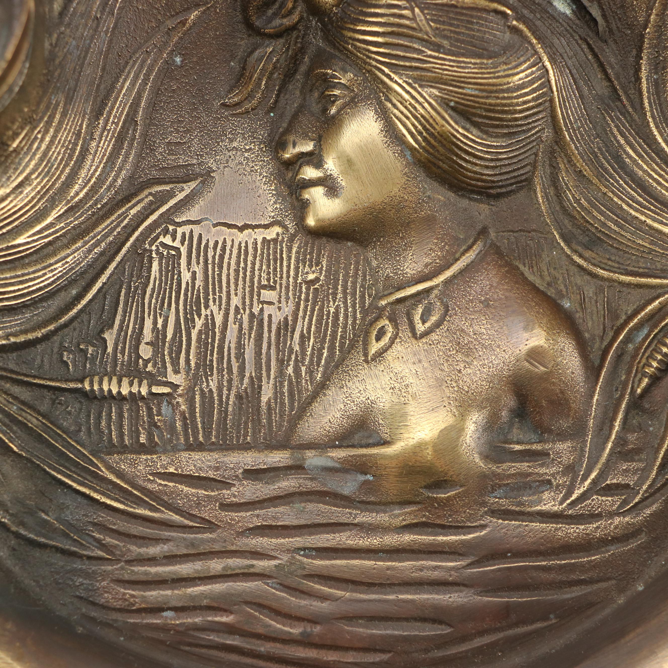 N. Vidal Art Nouveau Style Cast Metal Inkwell and Levered Brass Hand Desk Clip