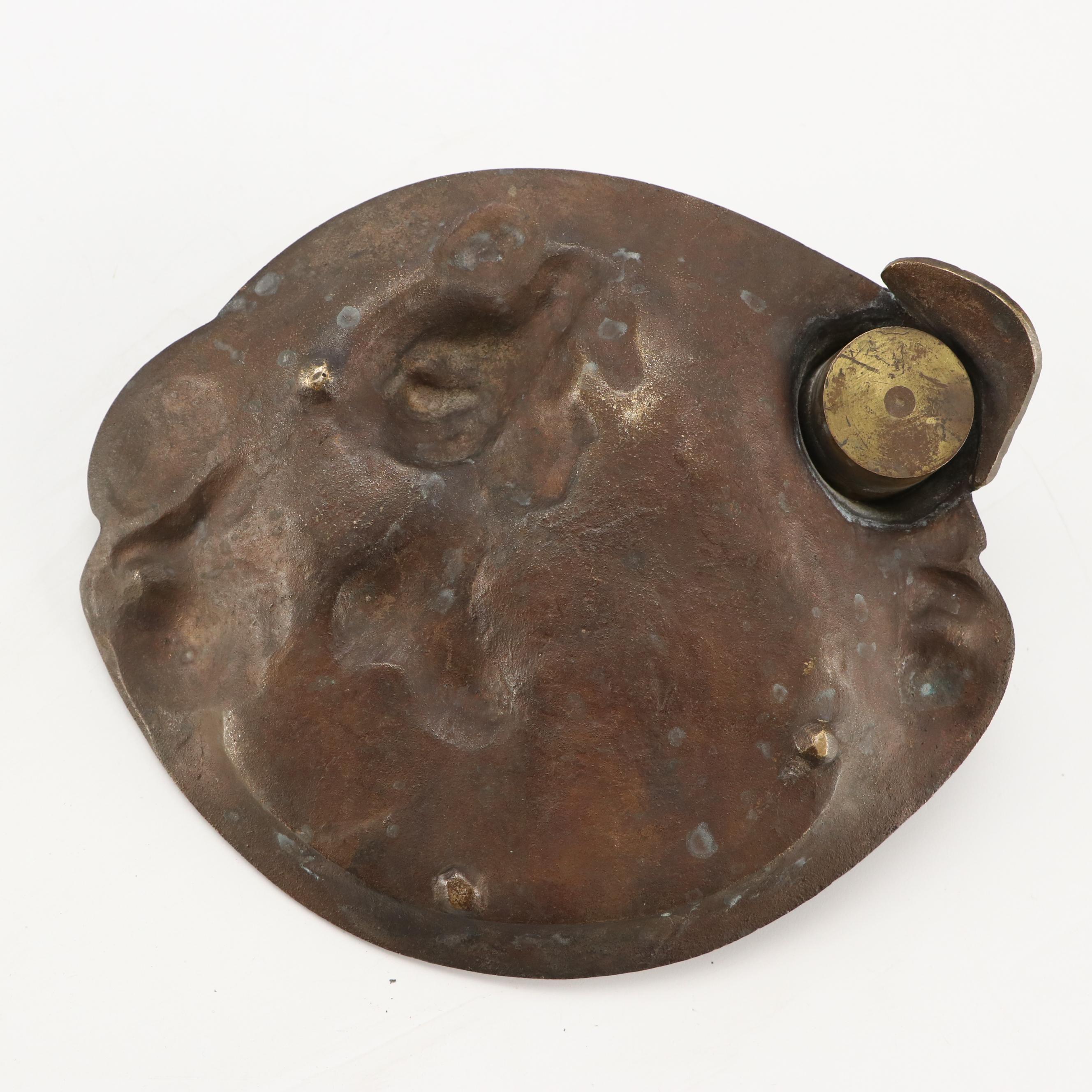 N. Vidal Art Nouveau Style Cast Metal Inkwell and Levered Brass Hand Desk Clip