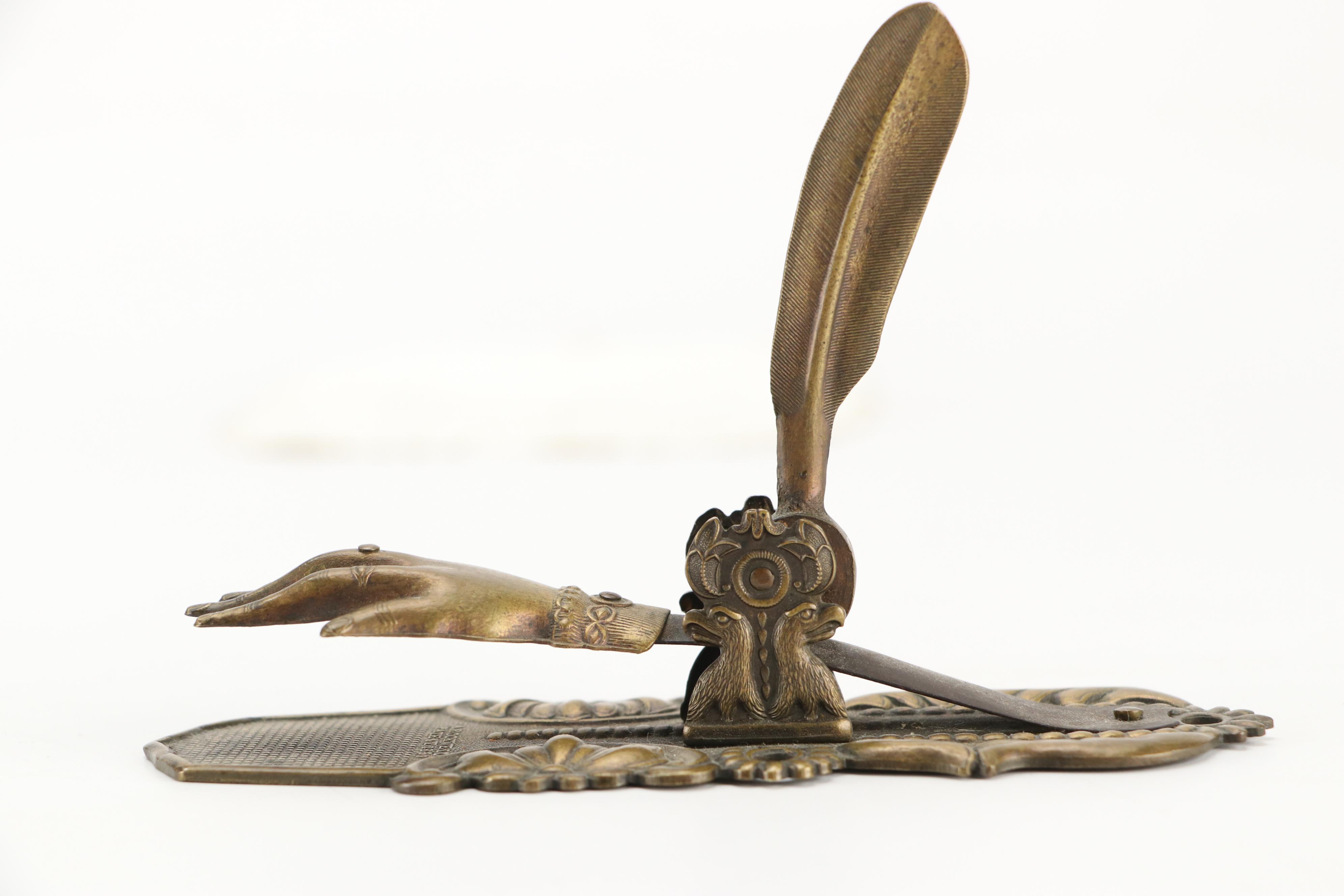 N. Vidal Art Nouveau Style Cast Metal Inkwell and Levered Brass Hand Desk Clip