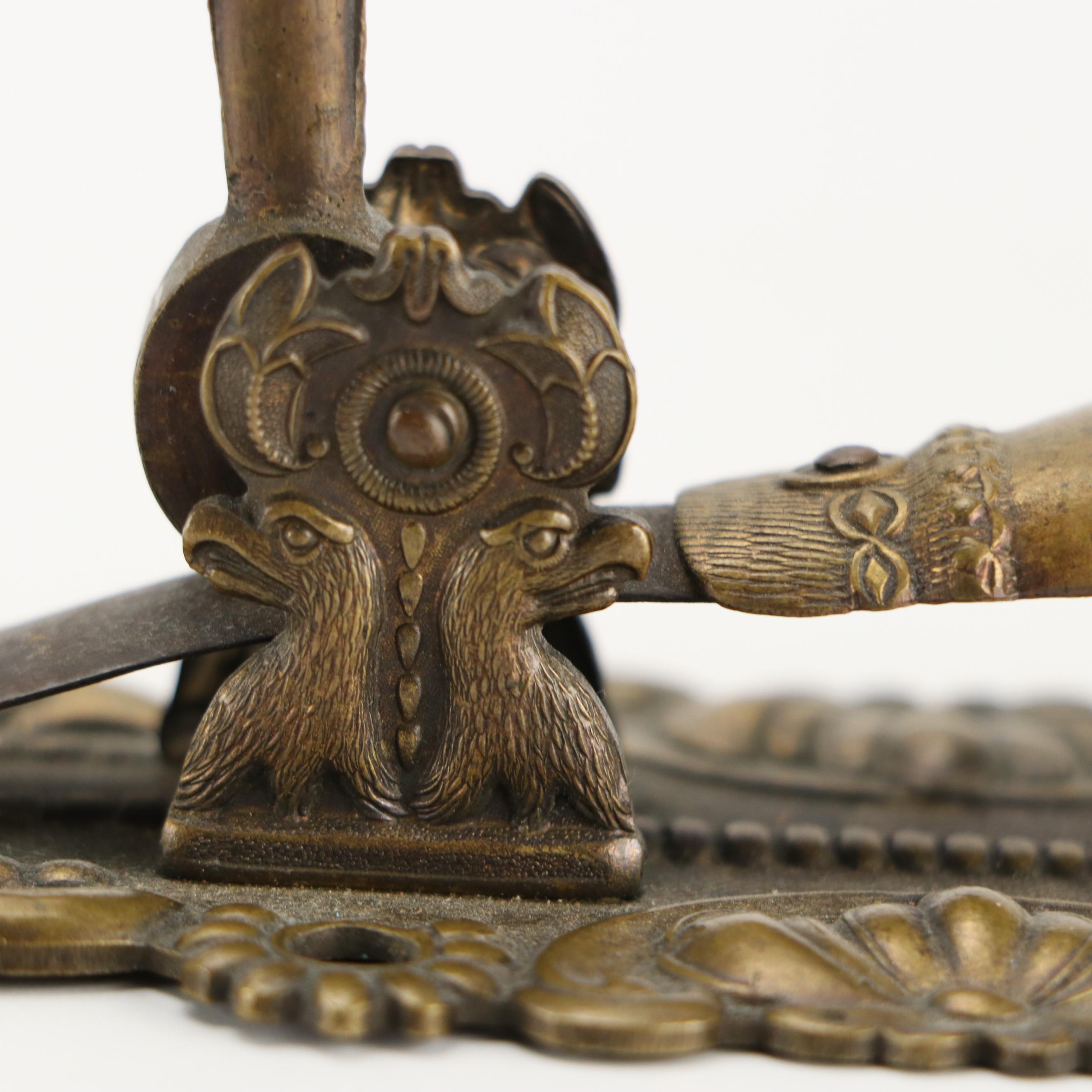 N. Vidal Art Nouveau Style Cast Metal Inkwell and Levered Brass Hand Desk Clip