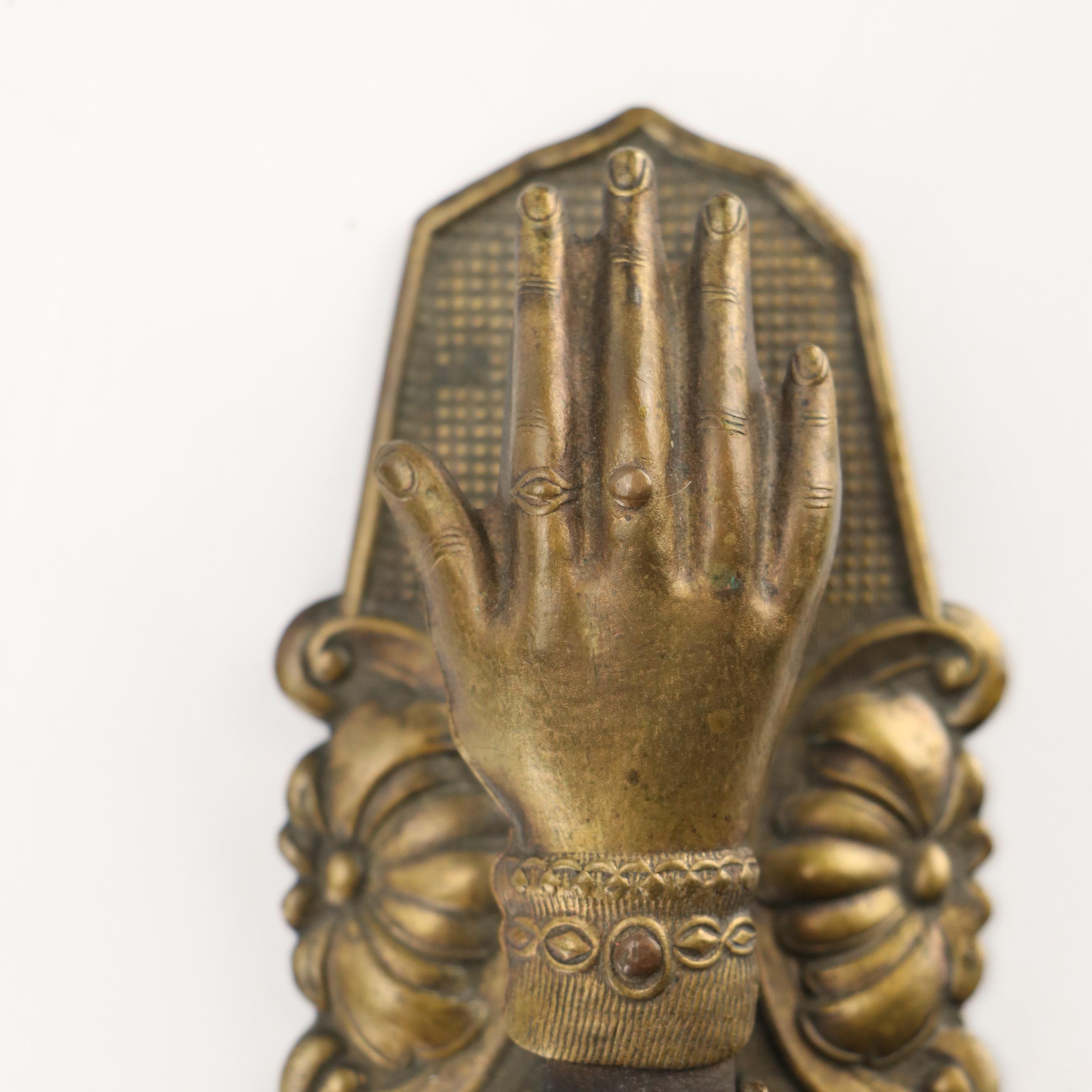 N. Vidal Art Nouveau Style Cast Metal Inkwell and Levered Brass Hand Desk Clip