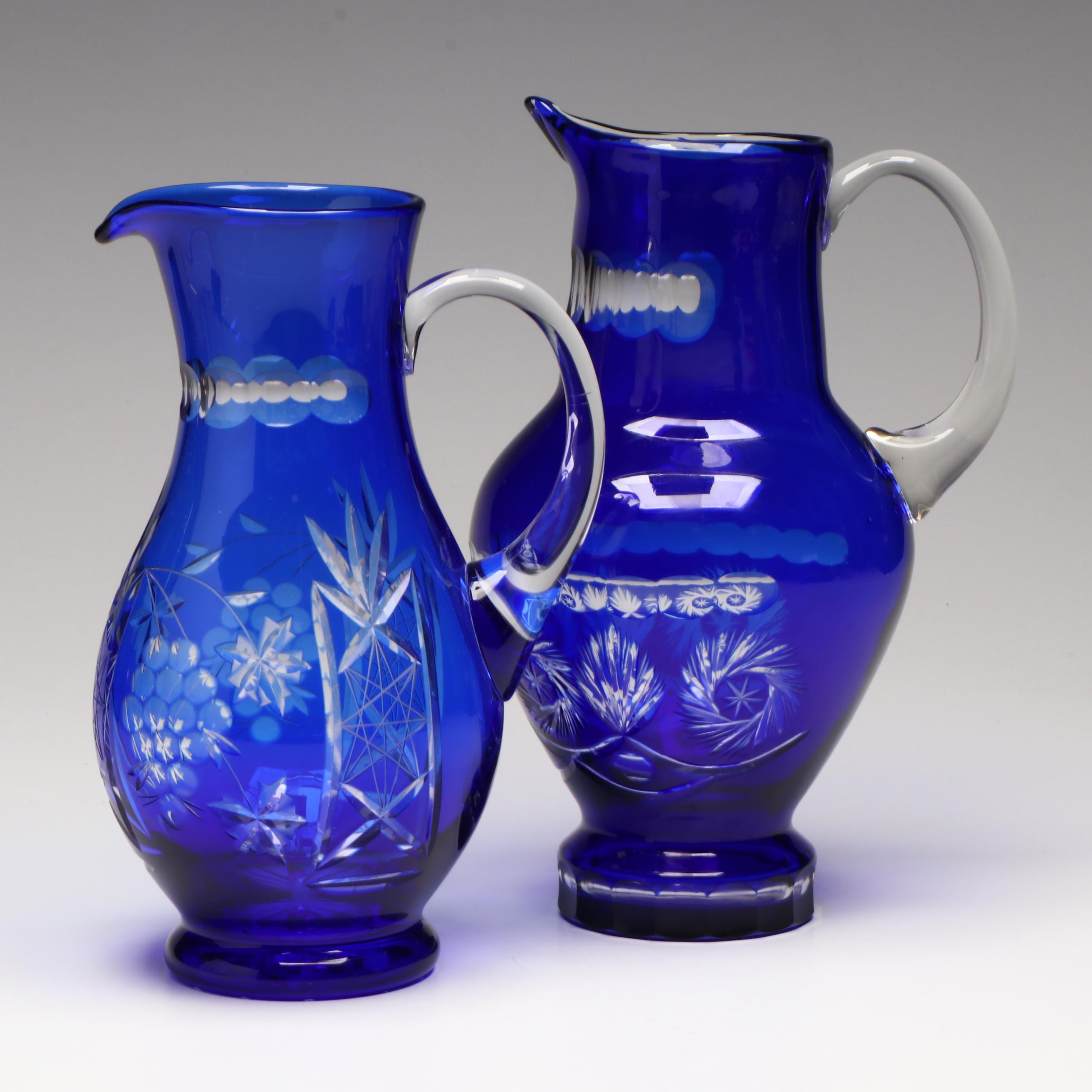Bohemian Style Cut To Clear Cobalt Glass Ewers