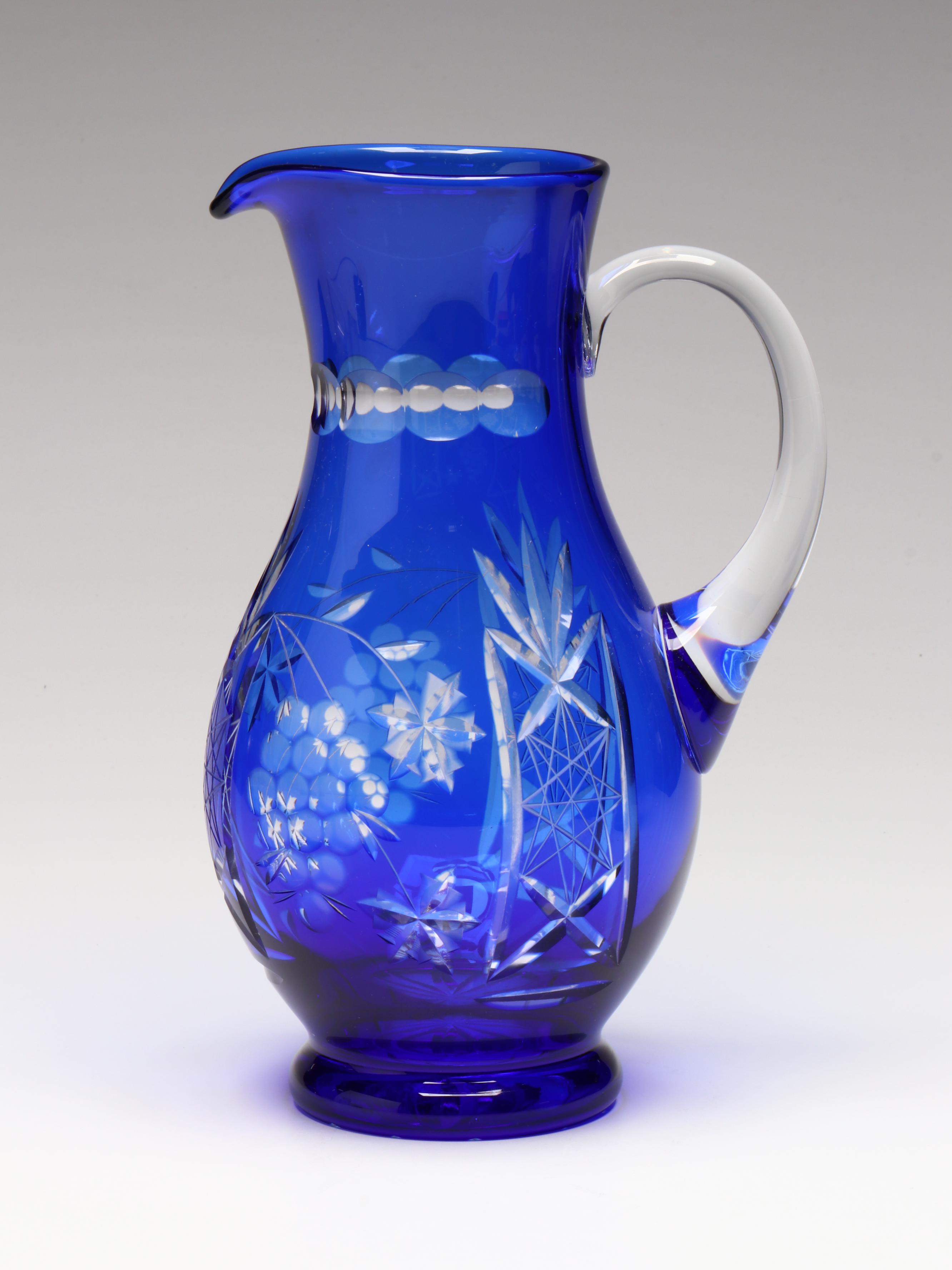 Bohemian Style Cut To Clear Cobalt Glass Ewers
