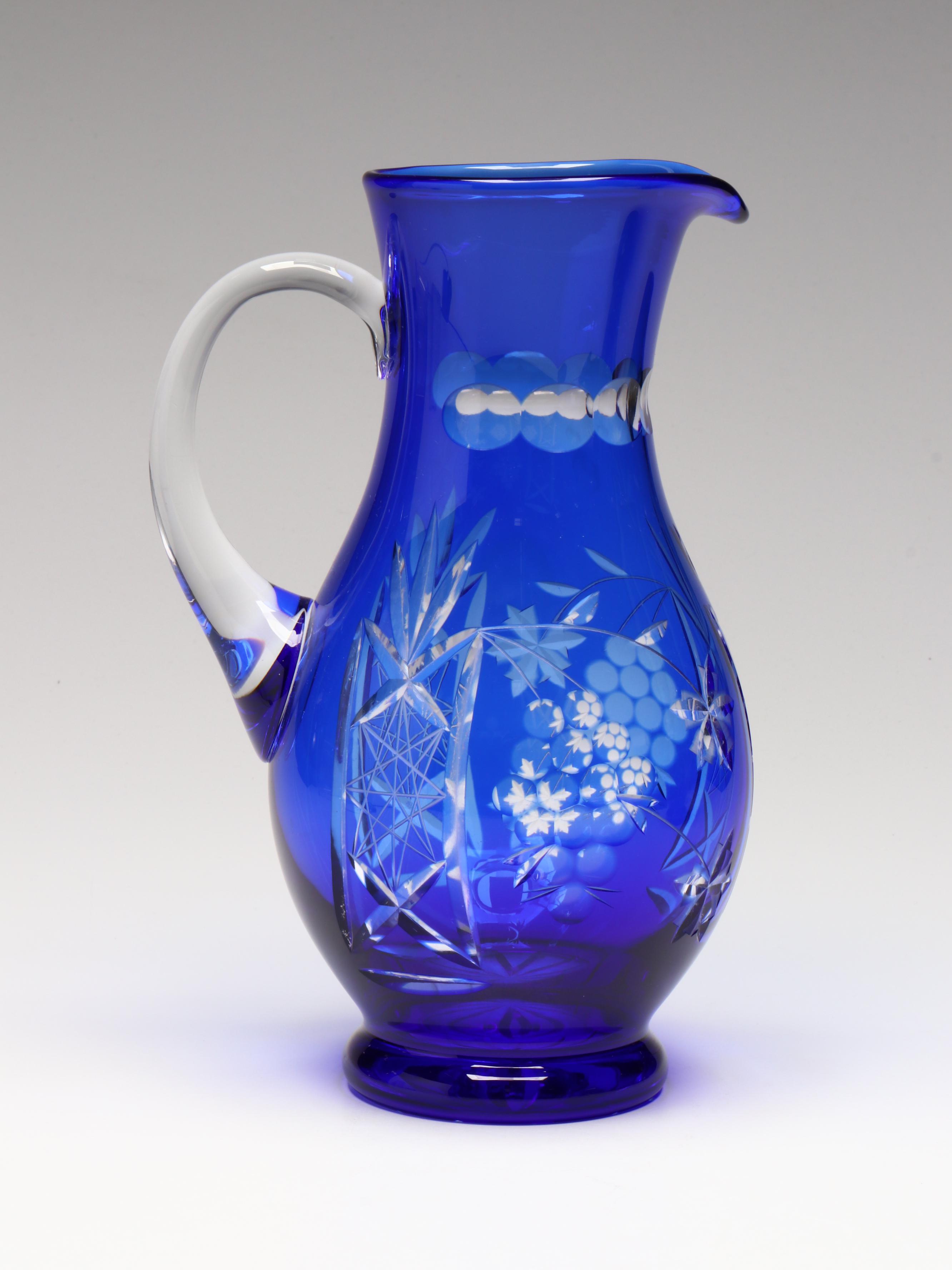 Bohemian Style Cut To Clear Cobalt Glass Ewers