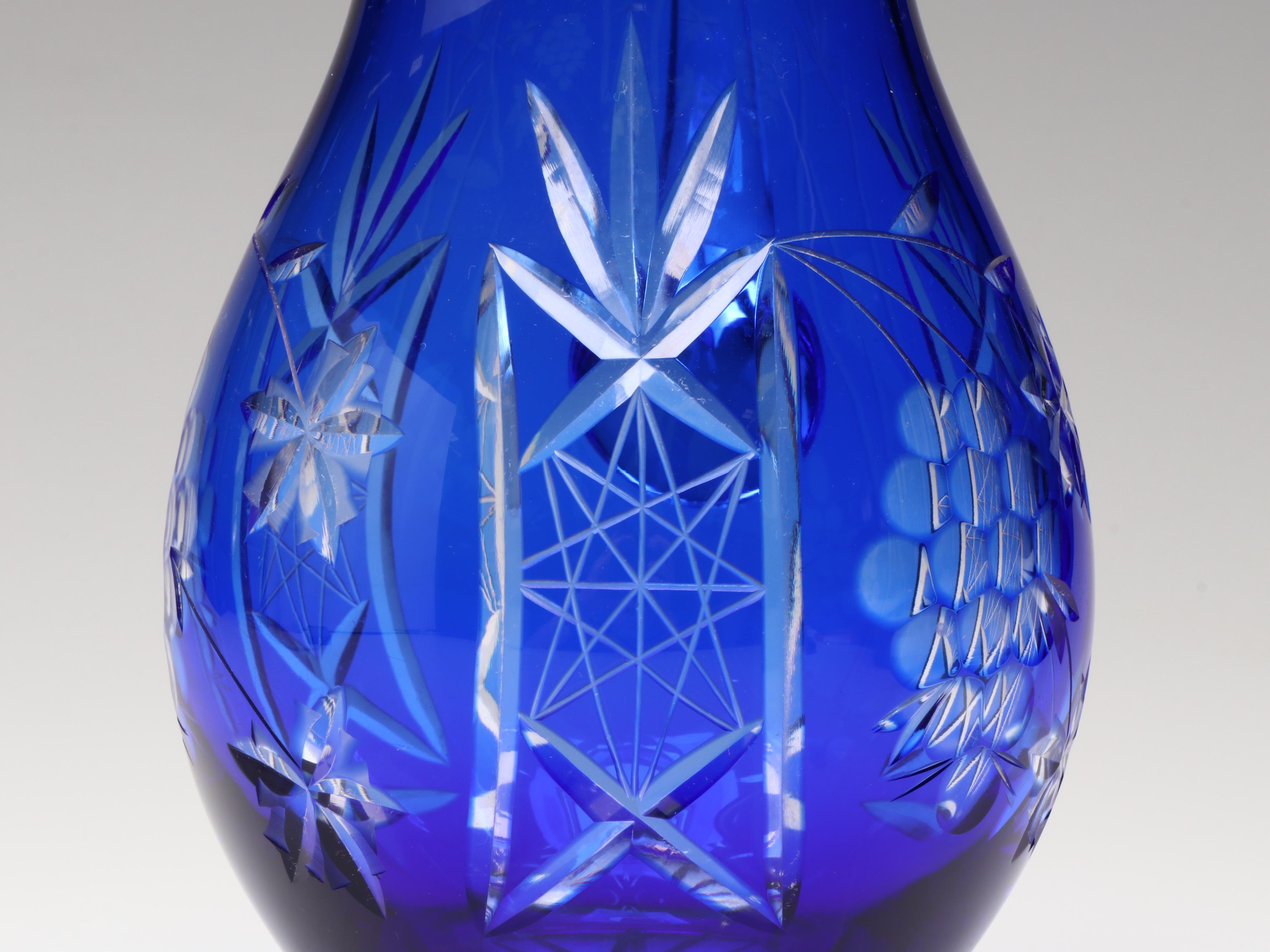 Bohemian Style Cut To Clear Cobalt Glass Ewers