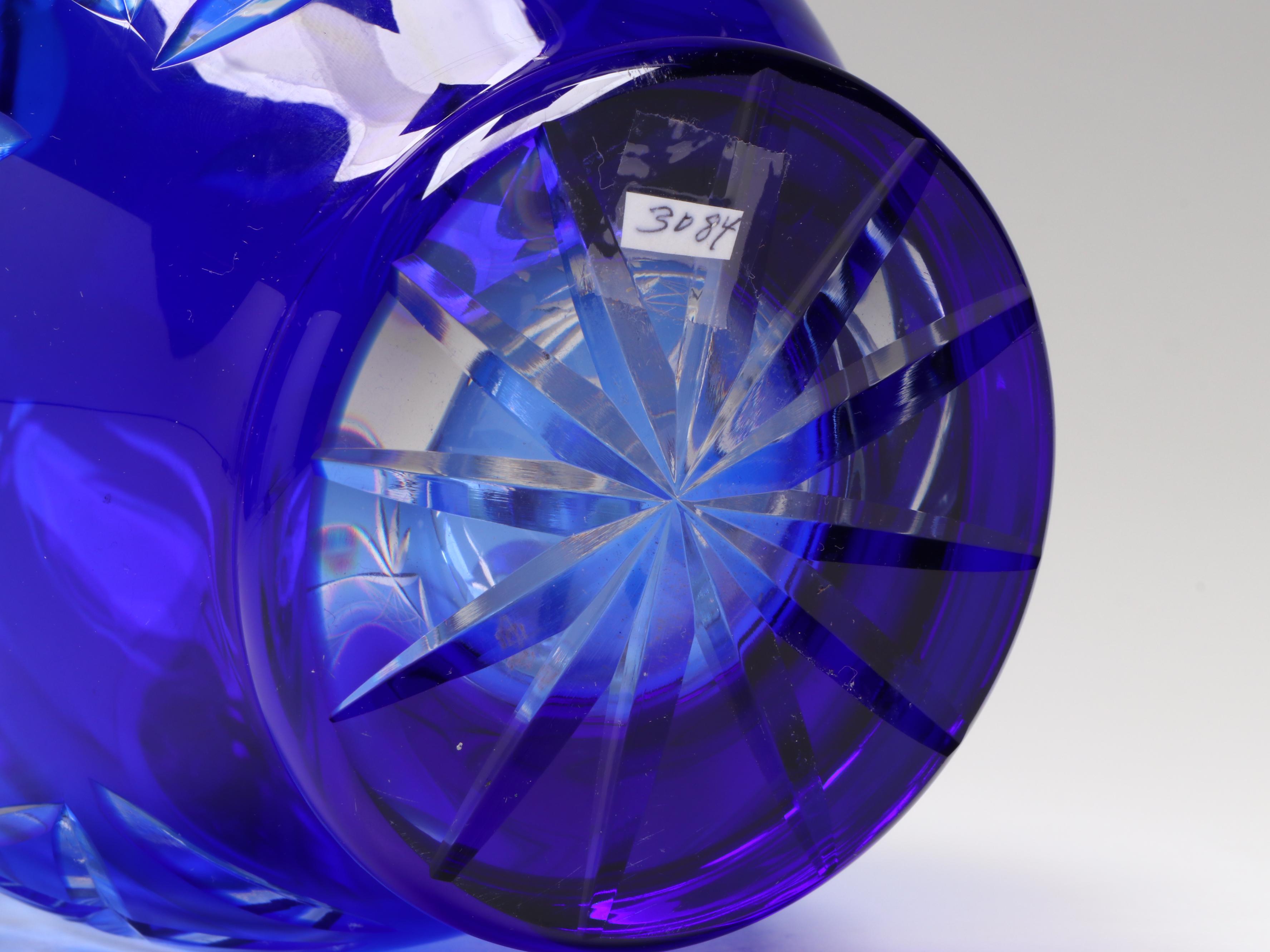 Bohemian Style Cut To Clear Cobalt Glass Ewers