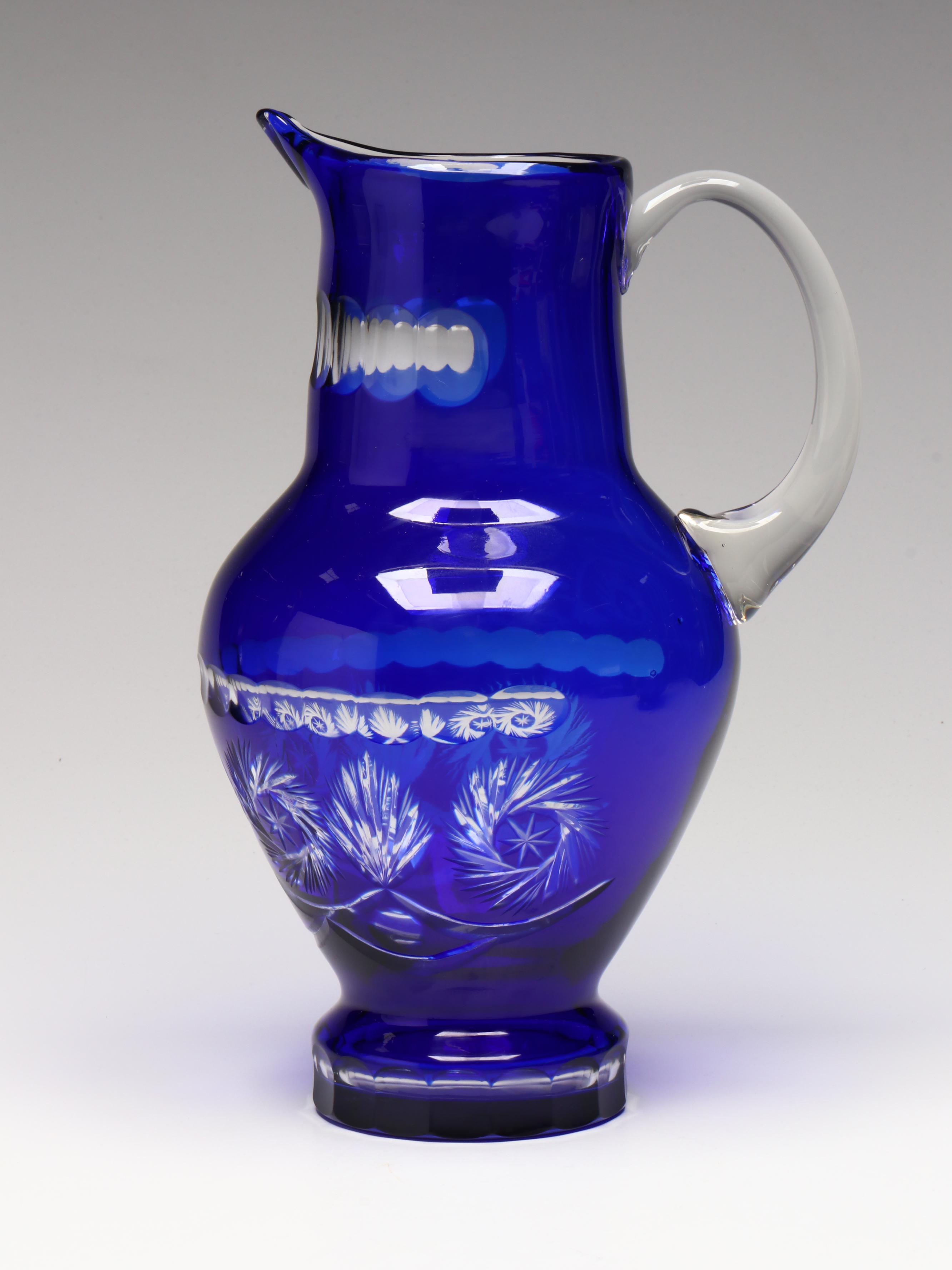 Bohemian Style Cut To Clear Cobalt Glass Ewers