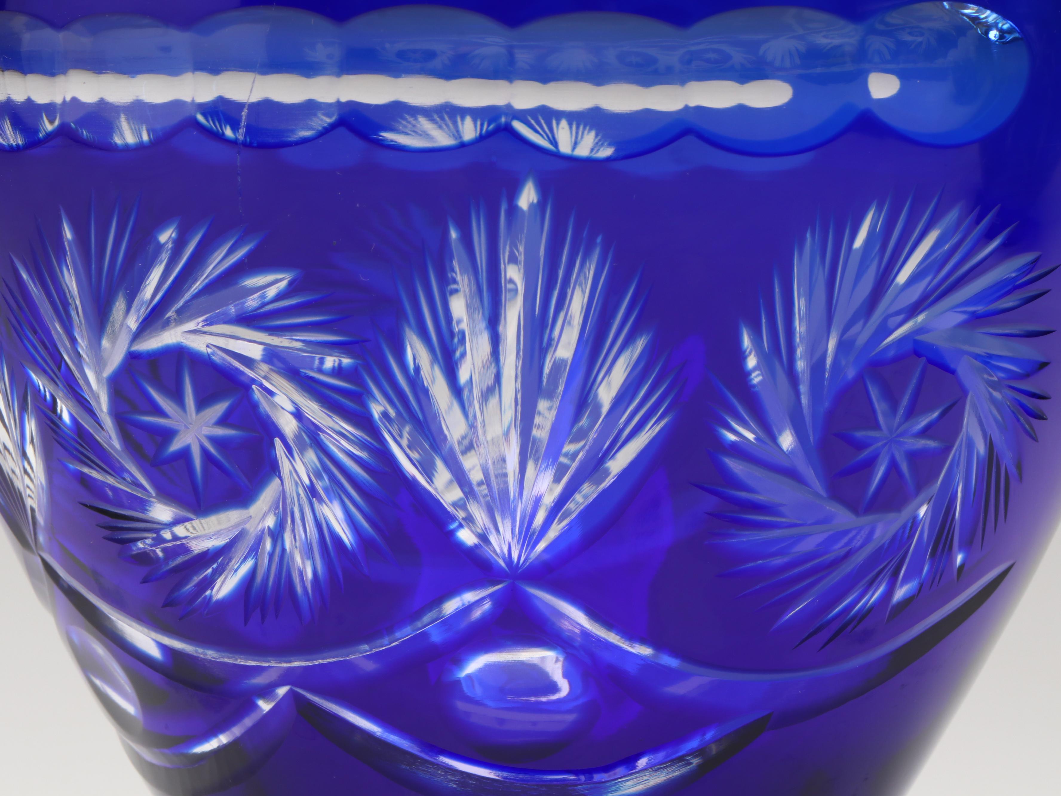 Bohemian Style Cut To Clear Cobalt Glass Ewers