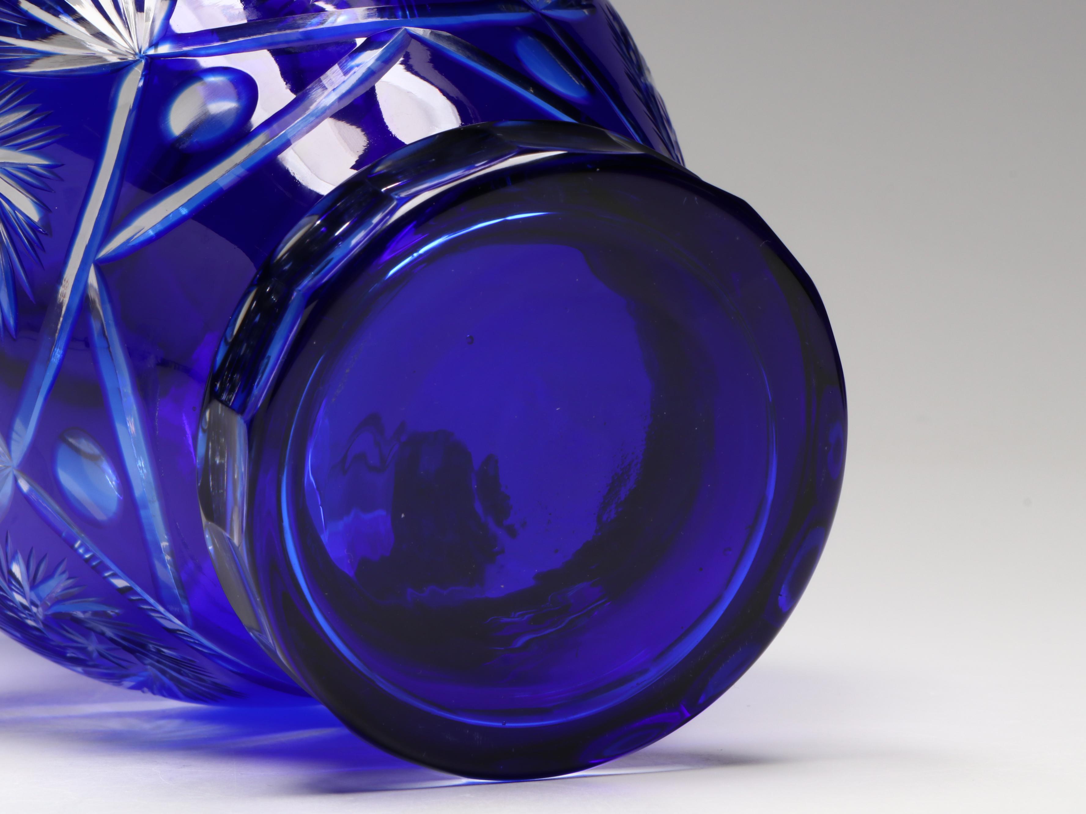 Bohemian Style Cut To Clear Cobalt Glass Ewers