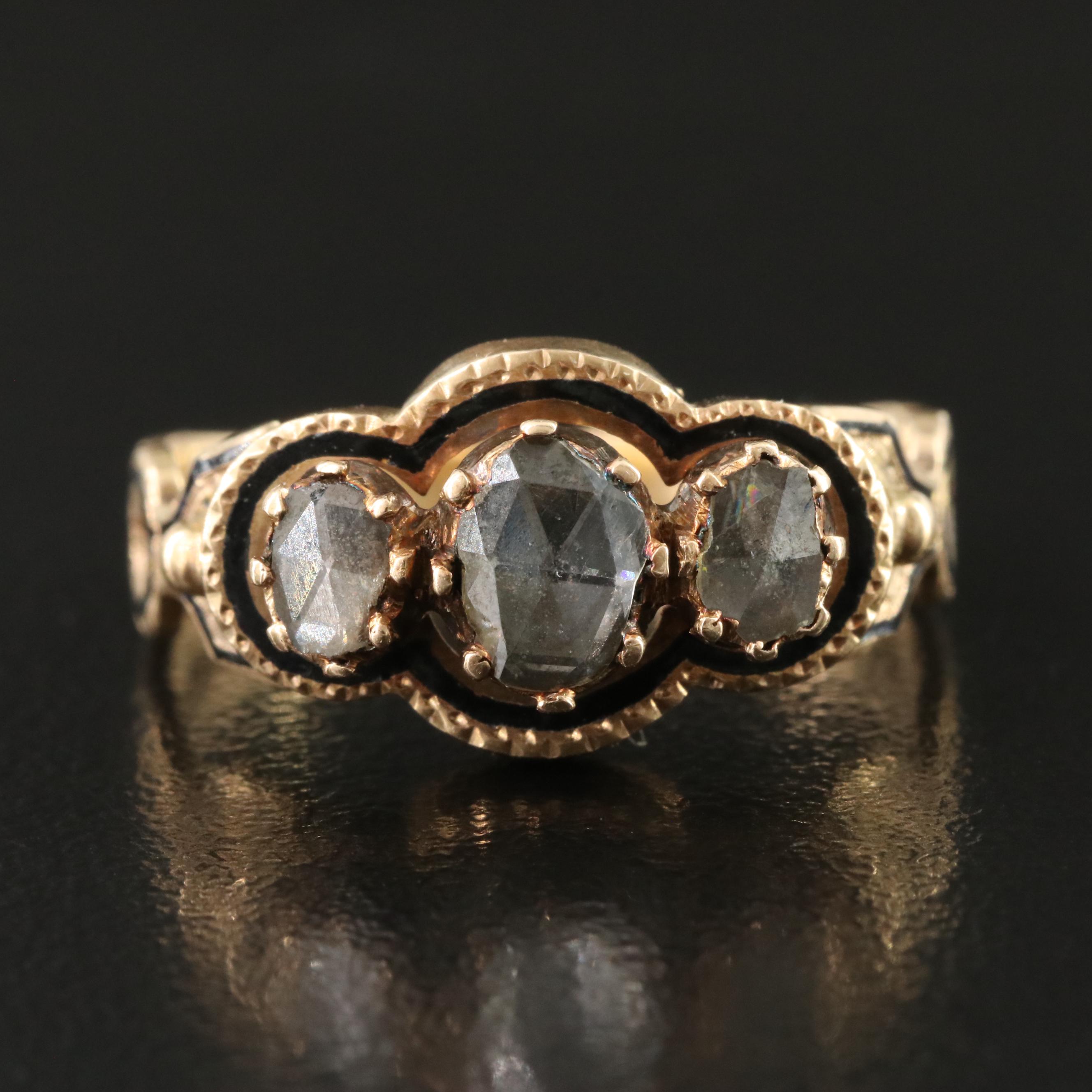 Victorian 14K Enamel 0.47 CTW Diamond Three Stone Ring