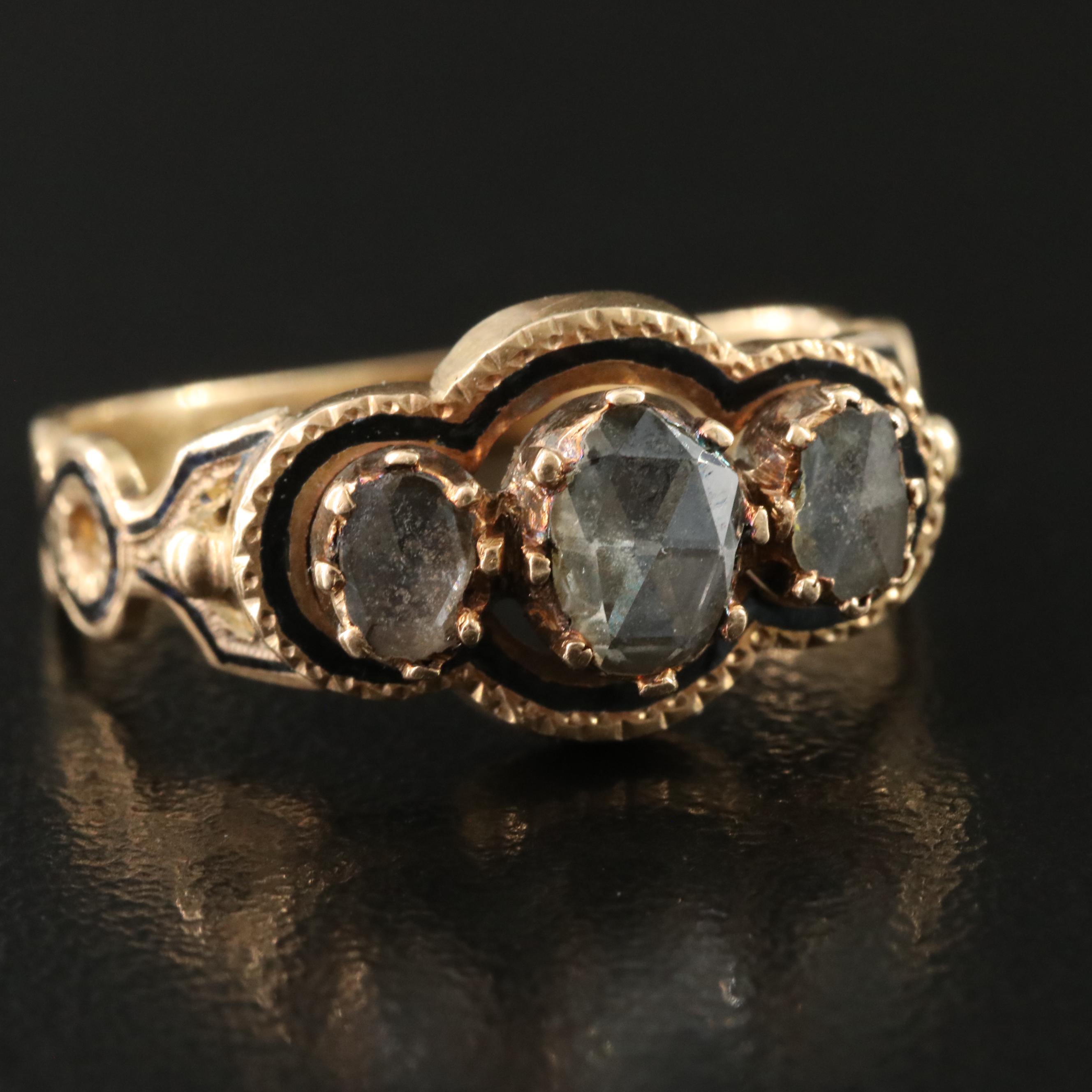 Victorian 14K Enamel 0.47 CTW Diamond Three Stone Ring