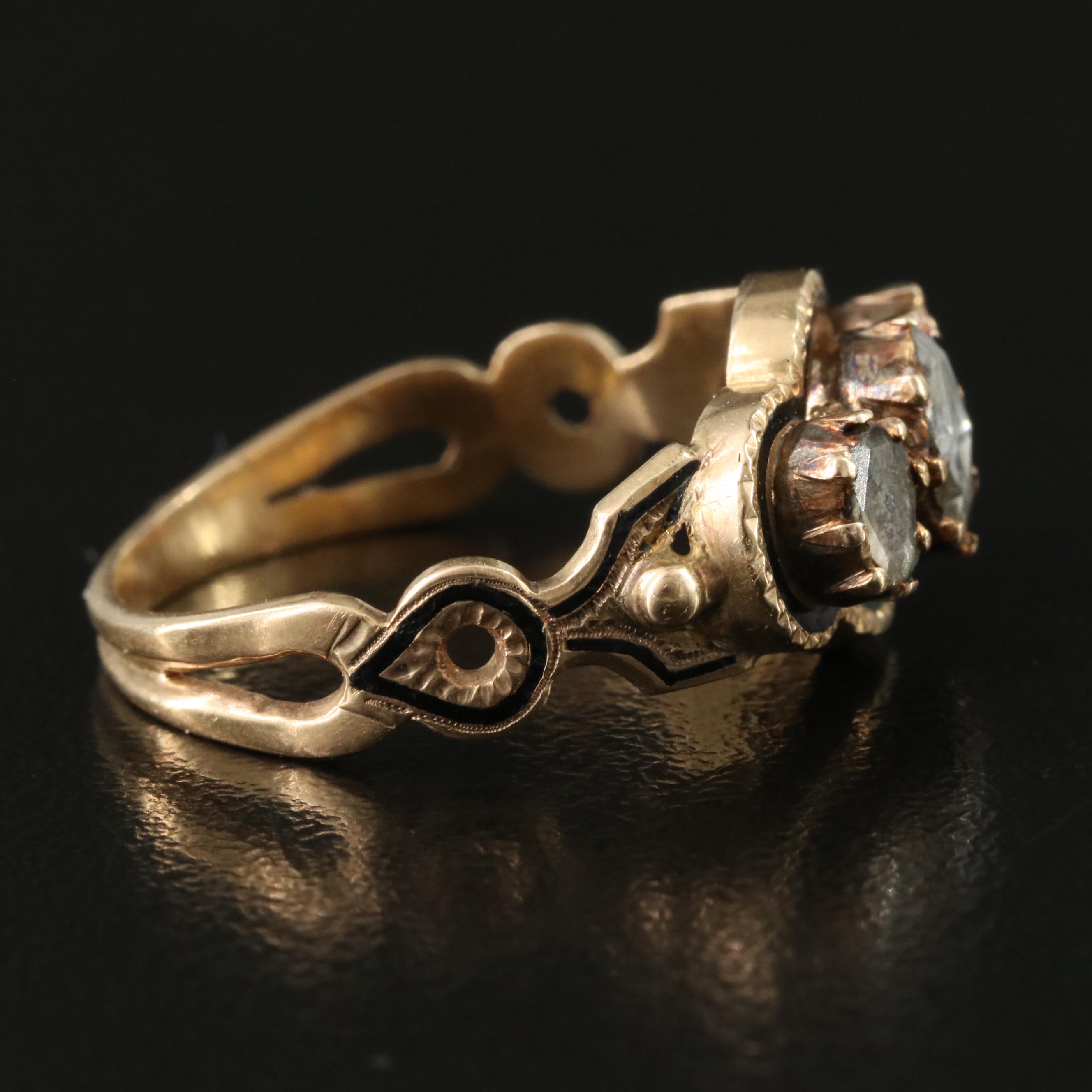 Victorian 14K Enamel 0.47 CTW Diamond Three Stone Ring