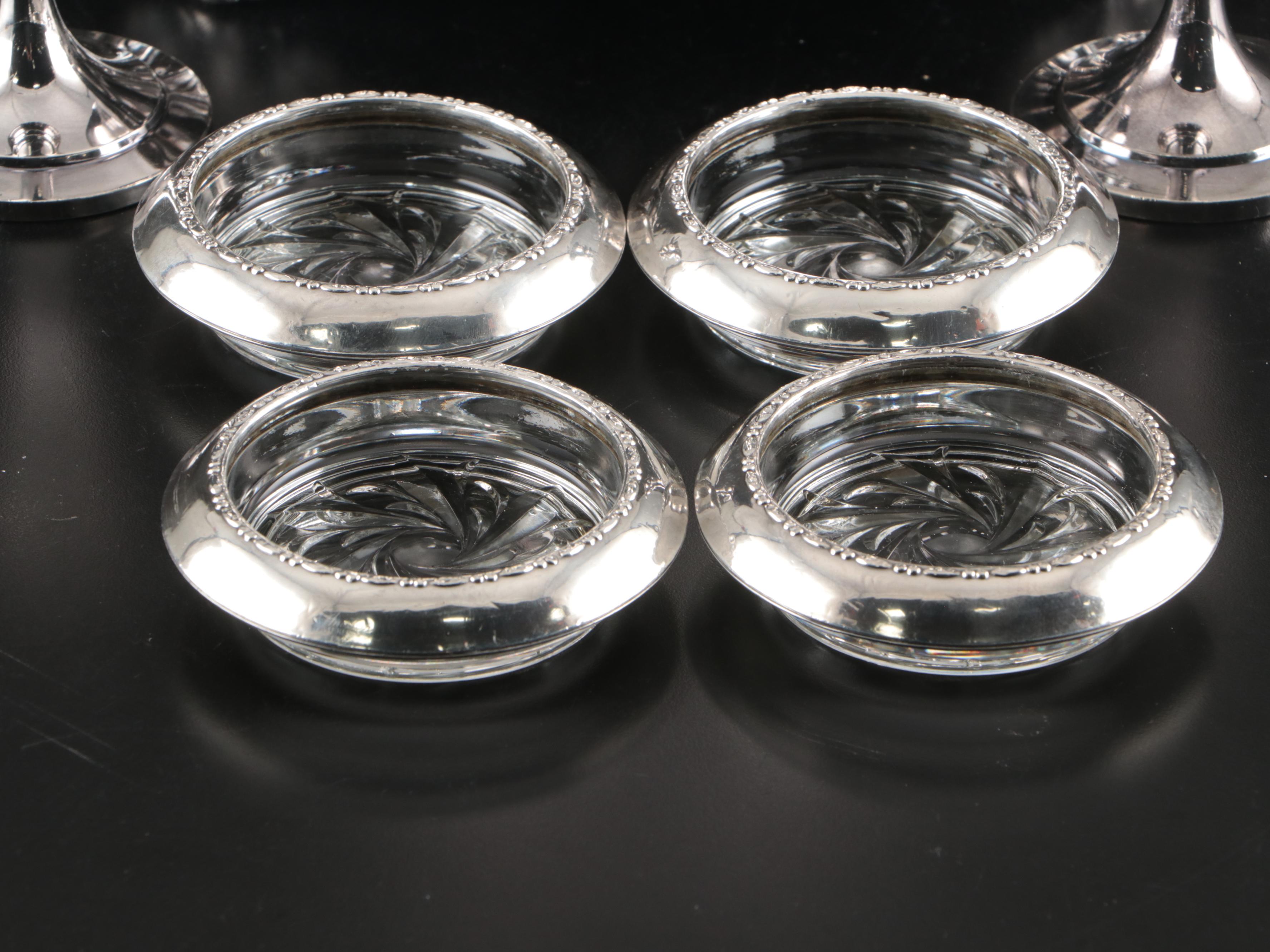 Amston Sterling Silver and Glass Coasters with Silver Plated Serveware