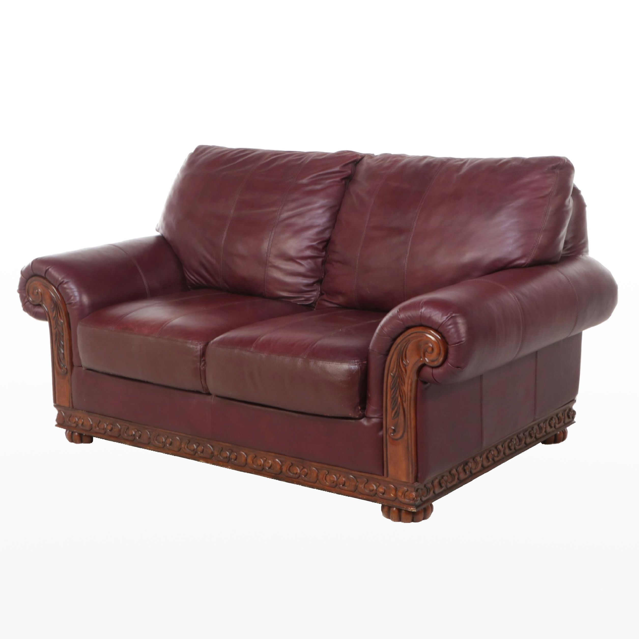 Carved Wooden Frame and Faux Leather Loveseat