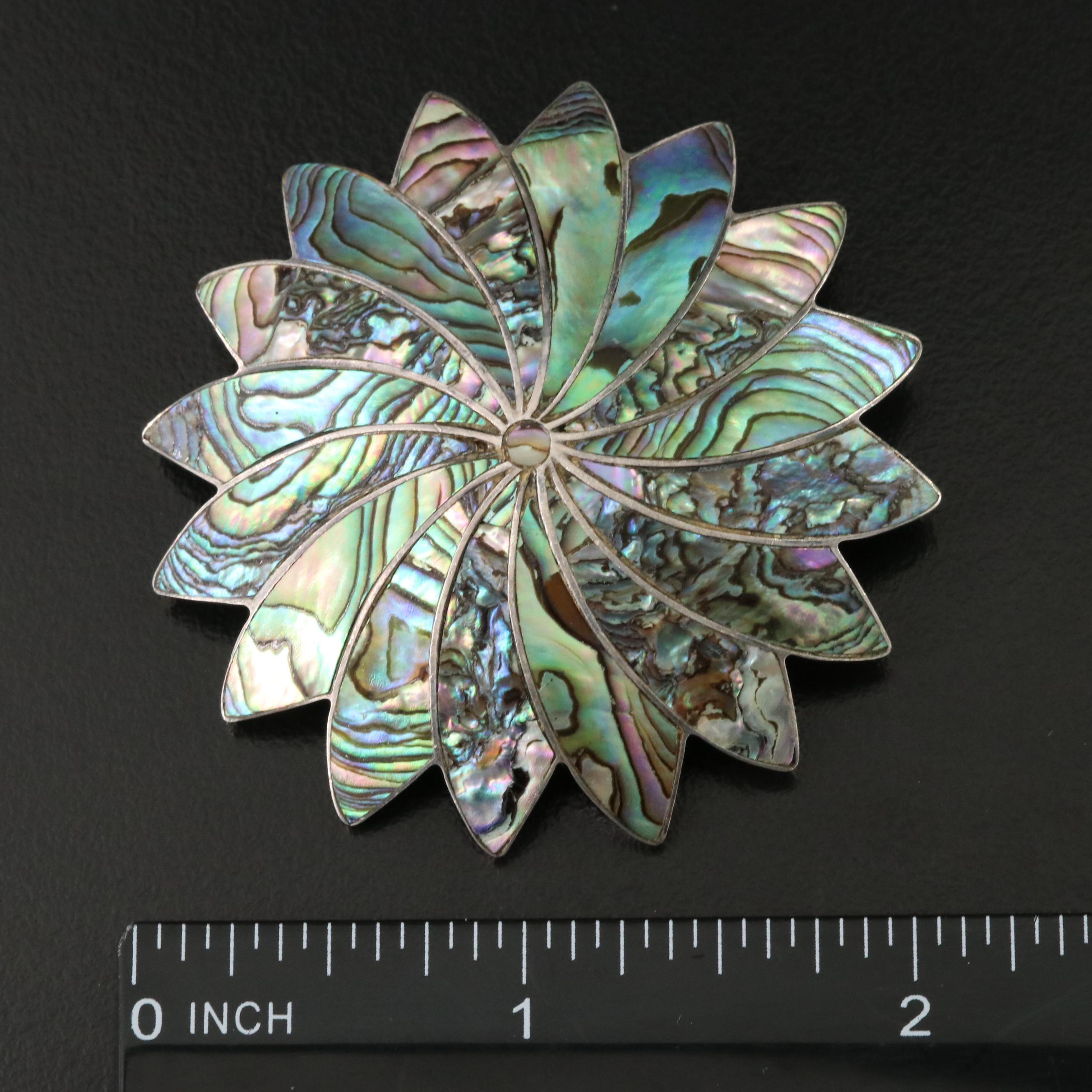 Mexican Sterling Abalone Inlay Flower Converter Brooch