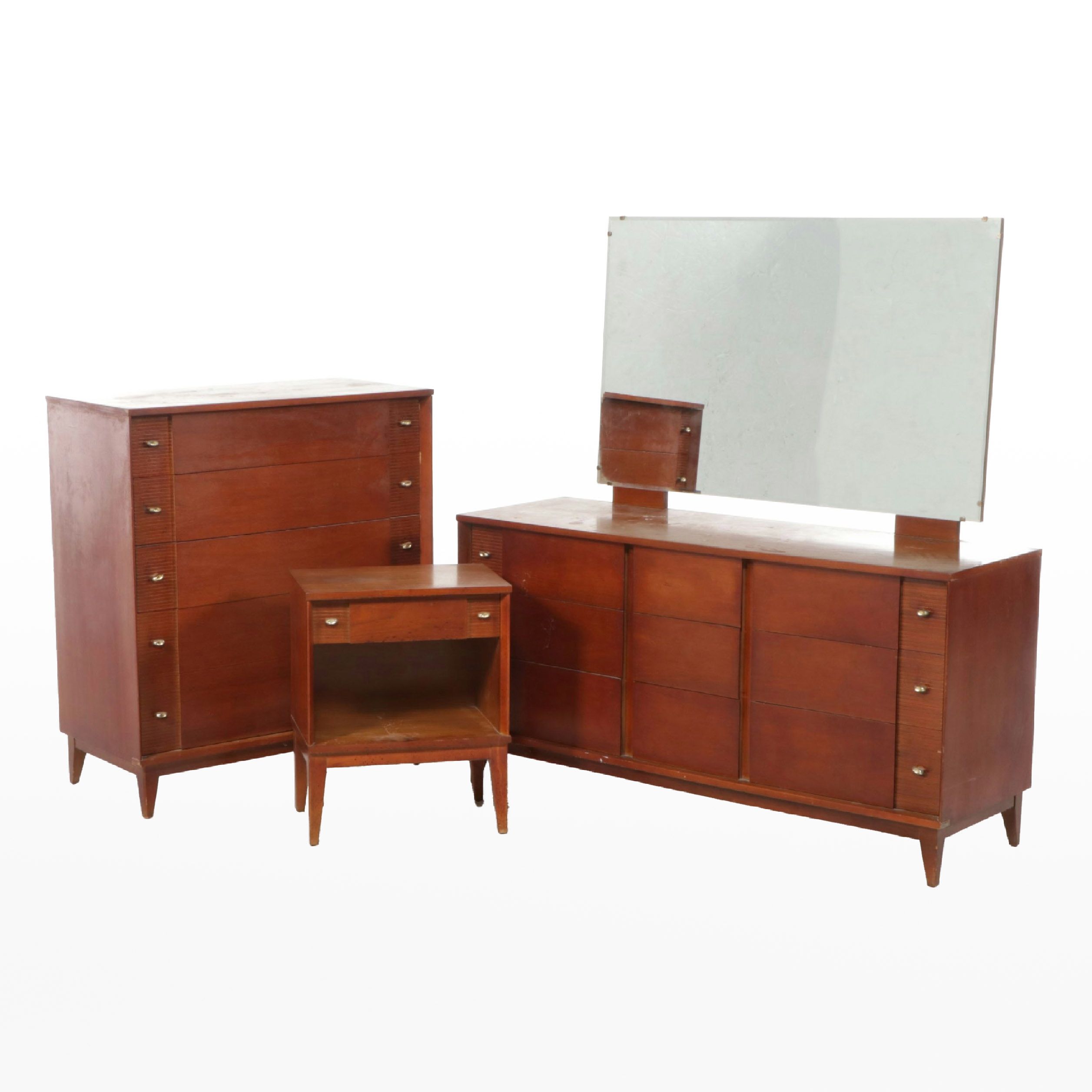 Mid Century Modern Mahogany Nightstand, Dresser and Tall Chest