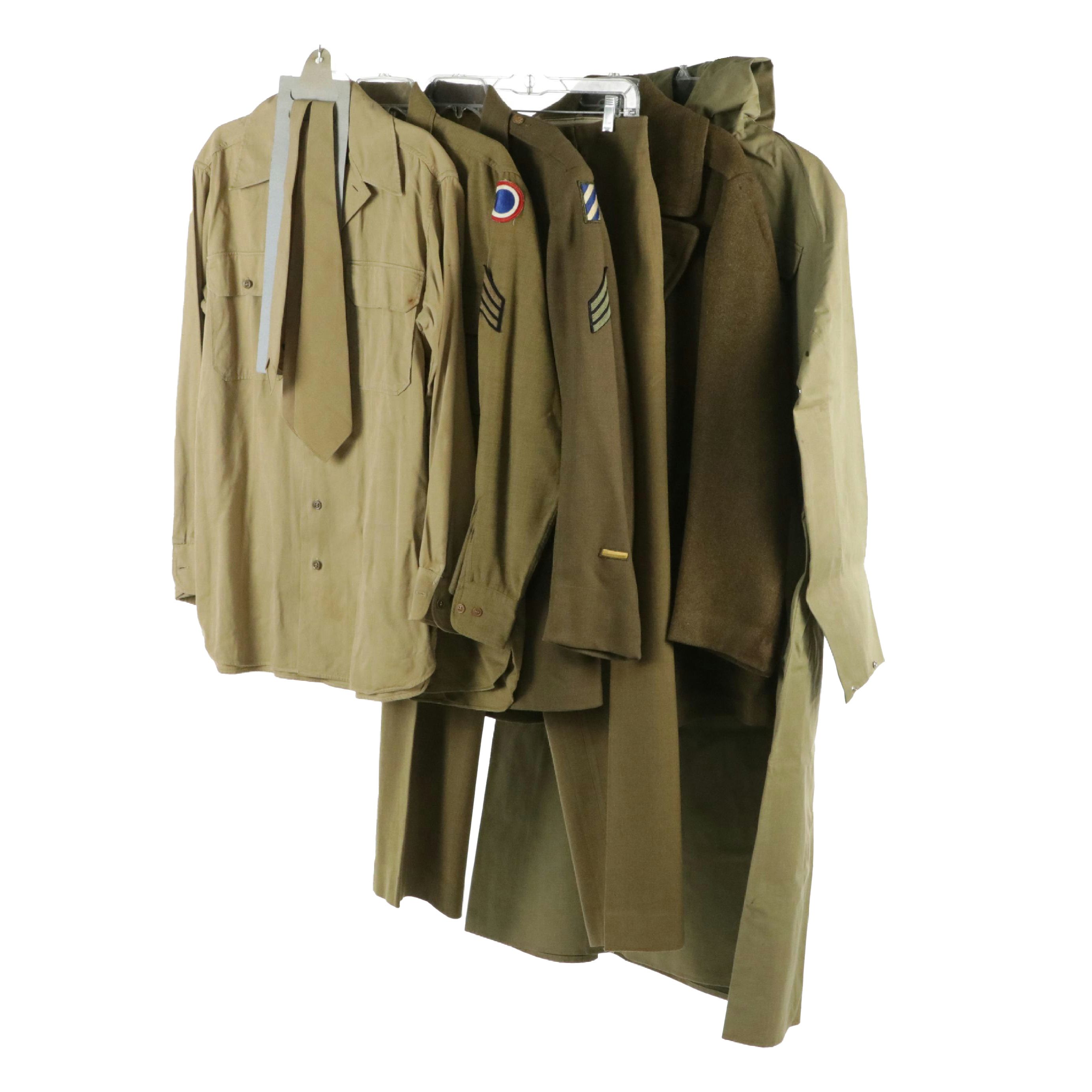 WWII Era US Army Service Dress Uniform, Overcoat, and Rubber-Lined Slicker