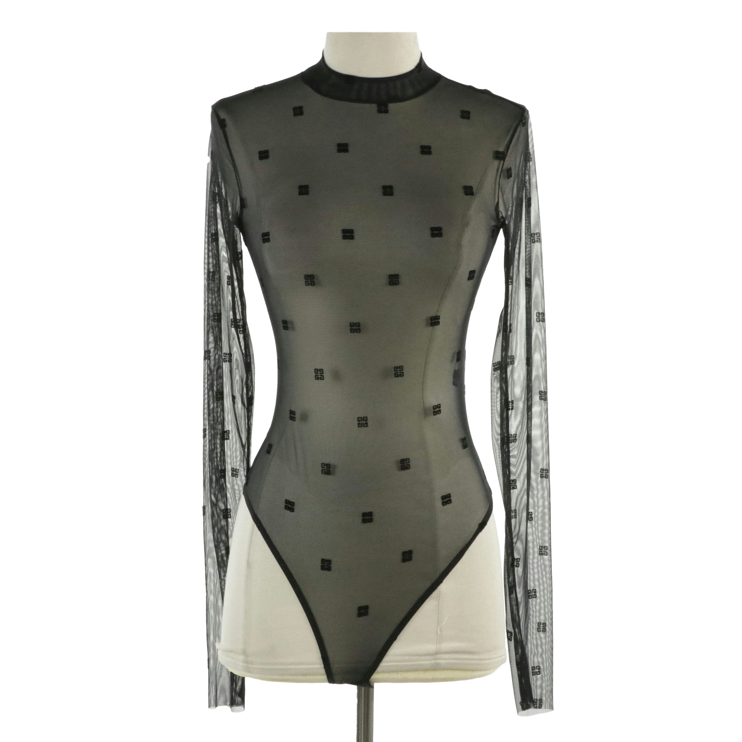Givenchy Mock Neck Bodysuit in 4G Jacquard Mesh Tulle