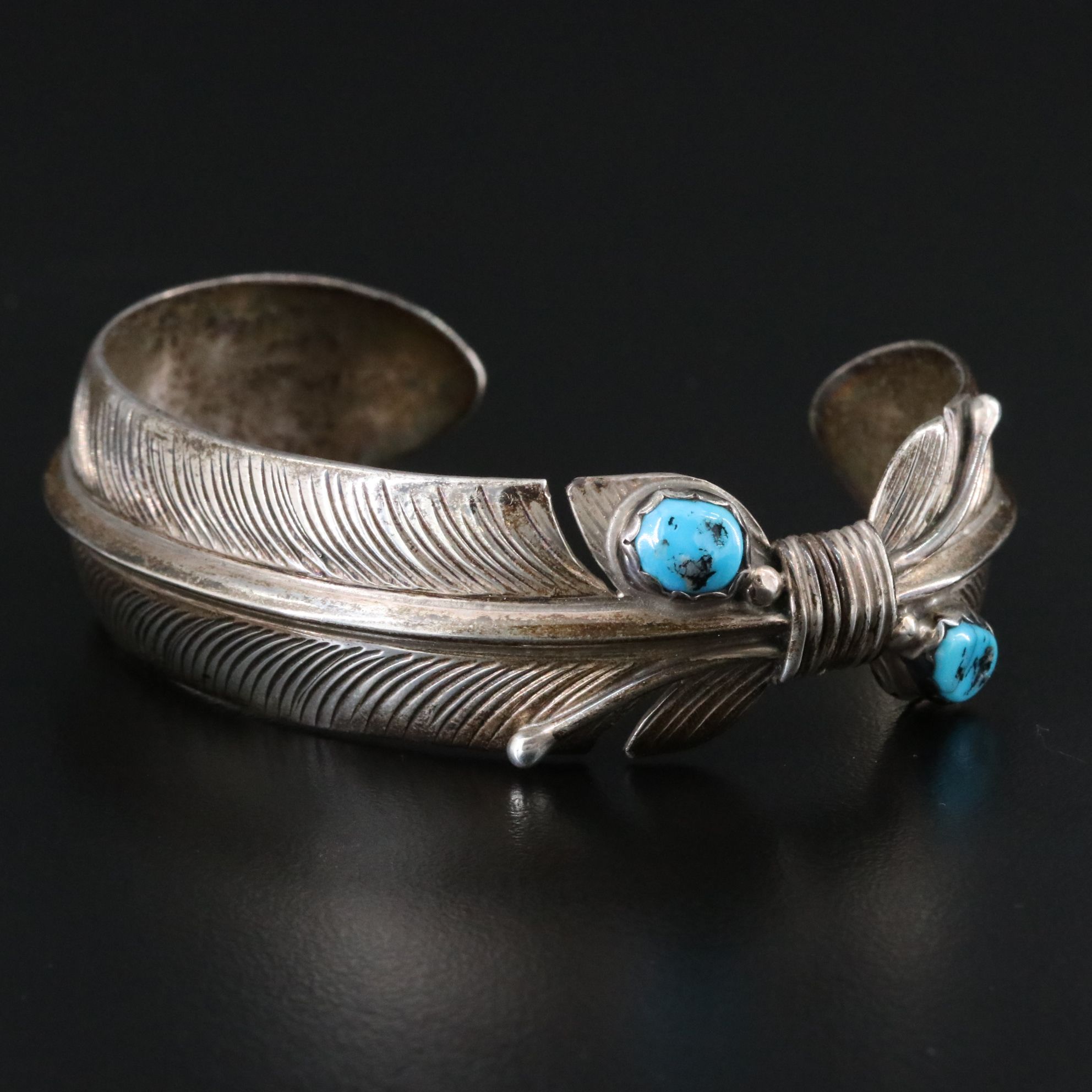Southwestern Sterling Turquoise Signed Feather Cuff