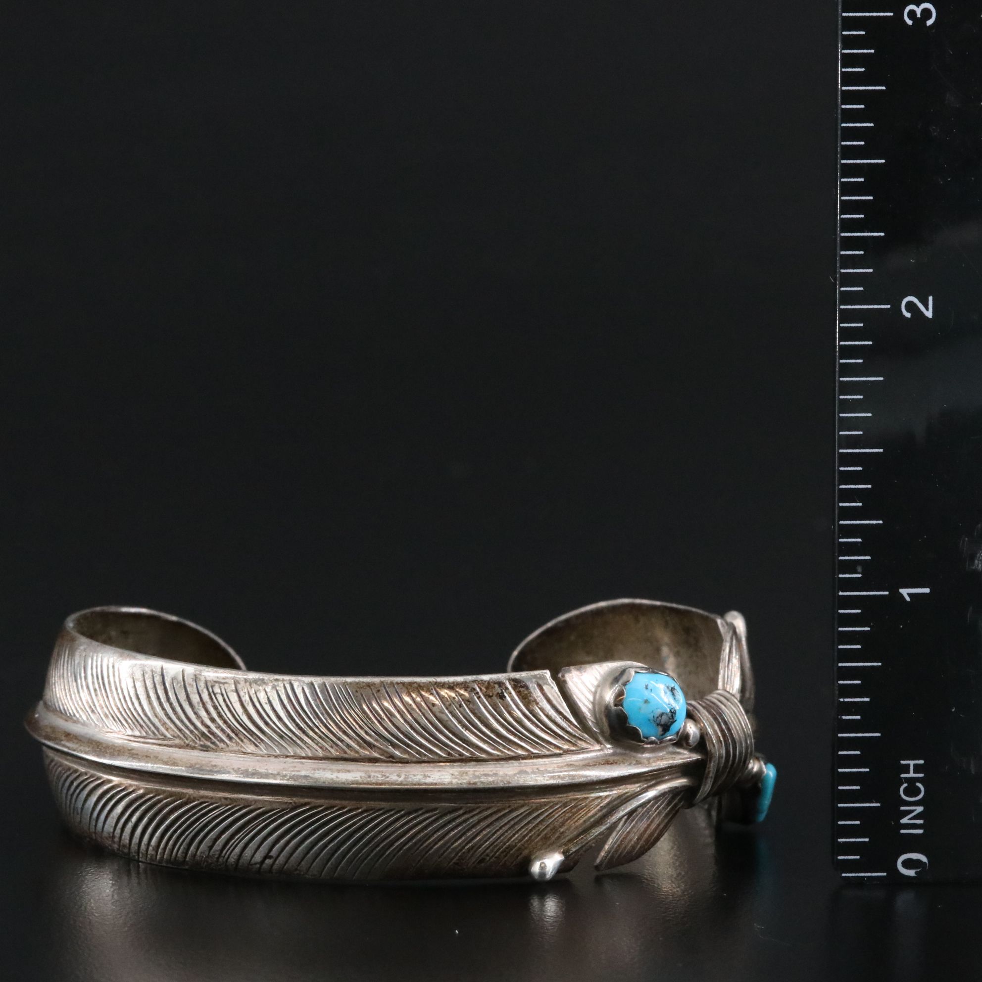 Southwestern Sterling Turquoise Signed Feather Cuff