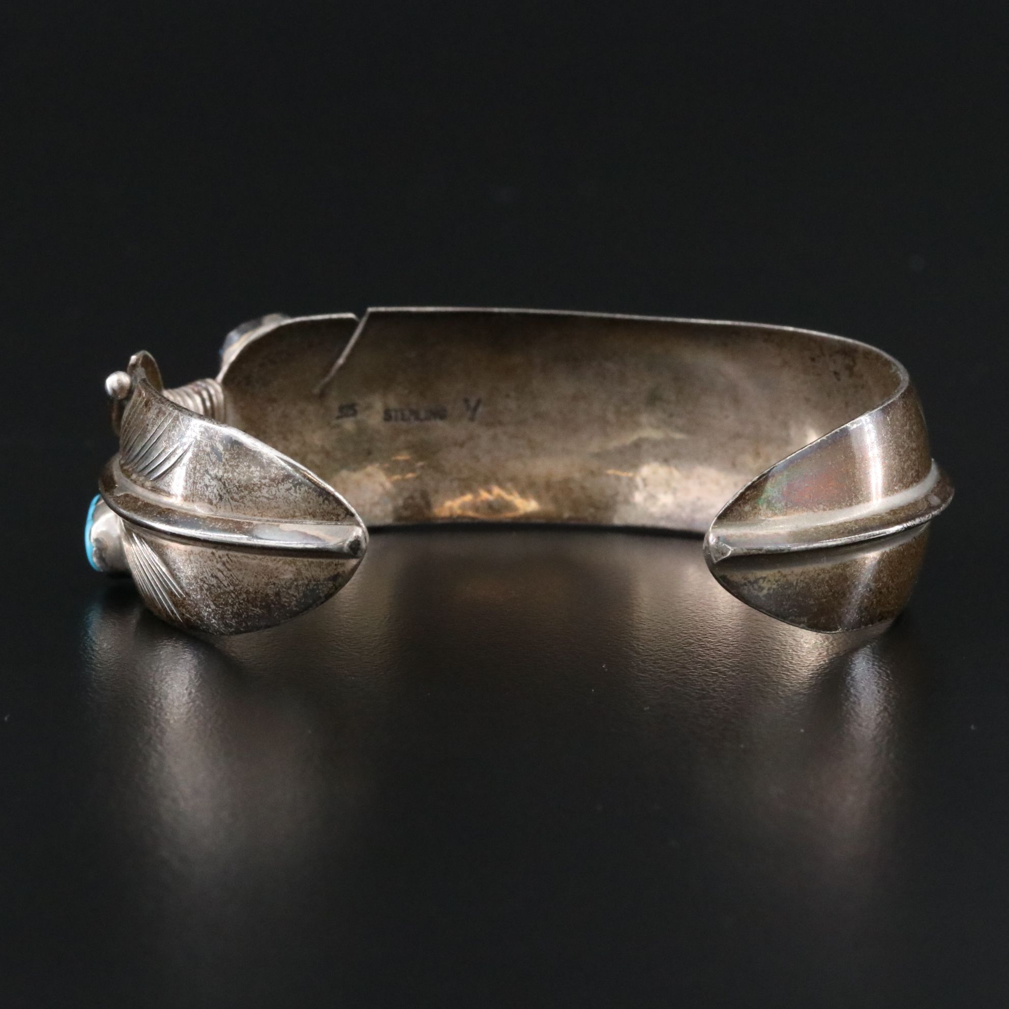 Southwestern Sterling Turquoise Signed Feather Cuff