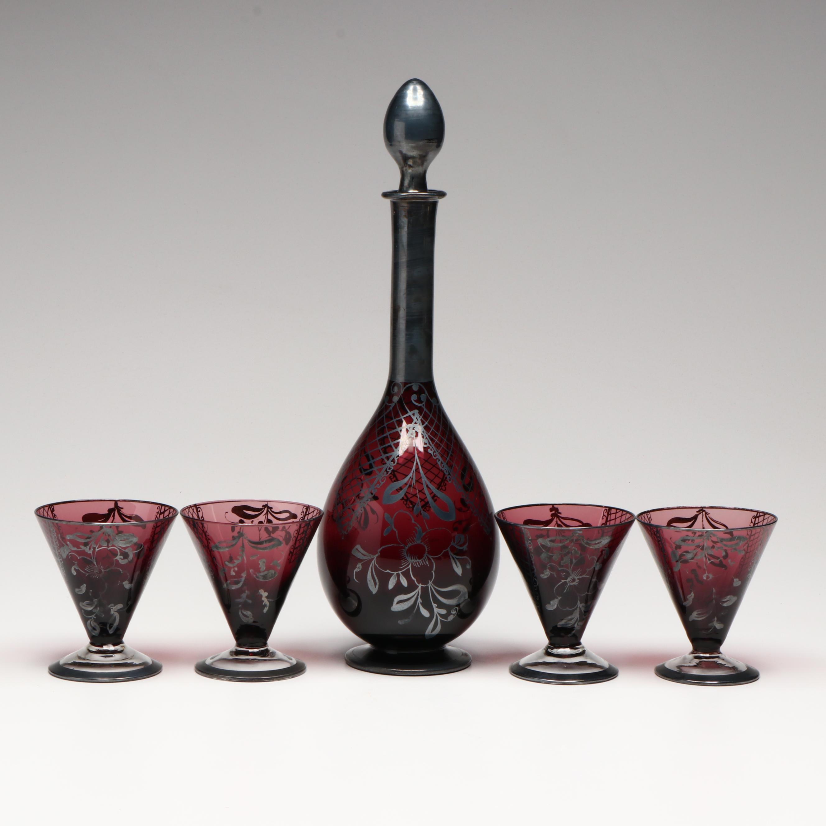Bohemian Style Purple Glass Decanter with Cordial Cups