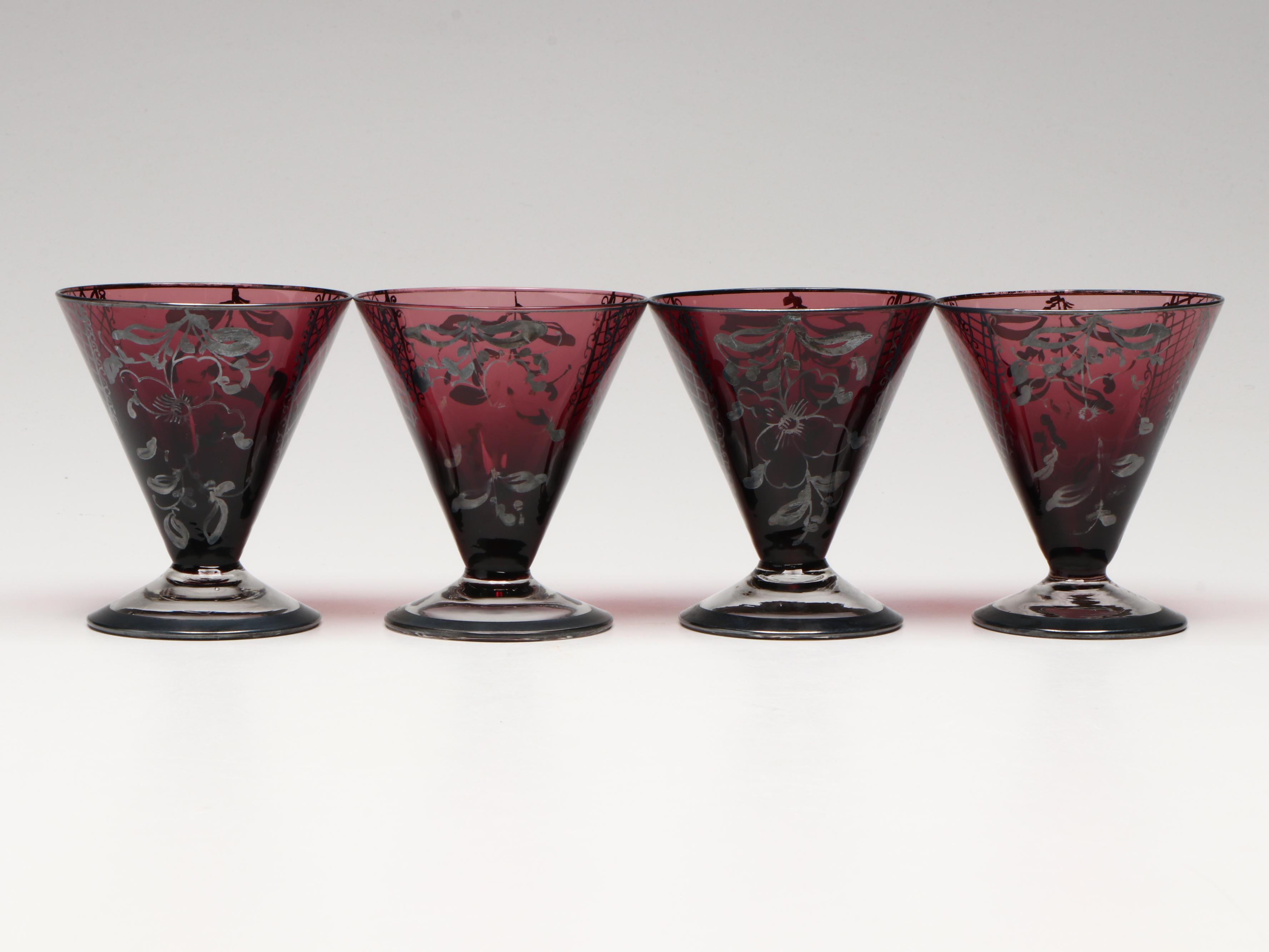 Bohemian Style Purple Glass Decanter with Cordial Cups