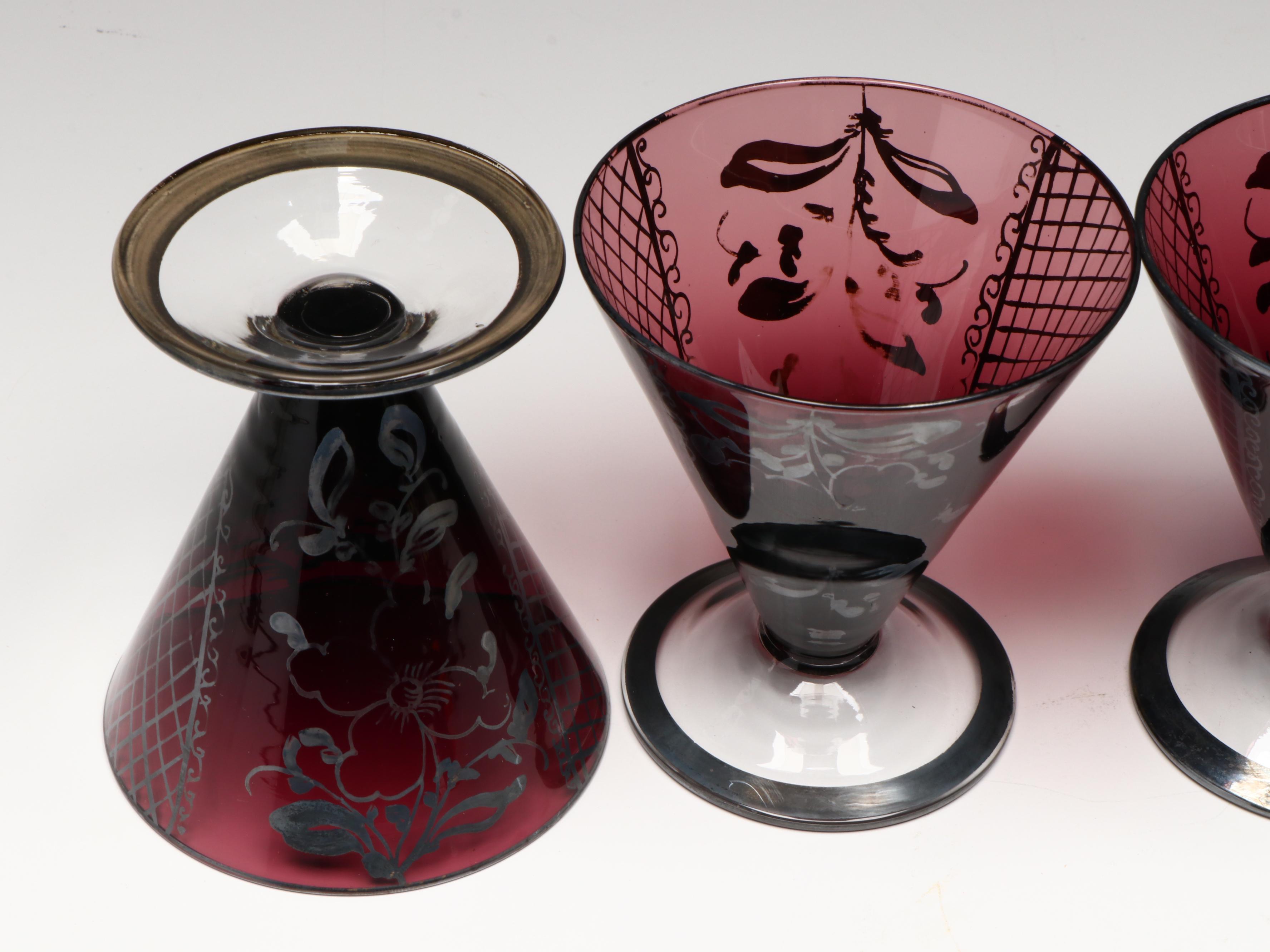 Bohemian Style Purple Glass Decanter with Cordial Cups