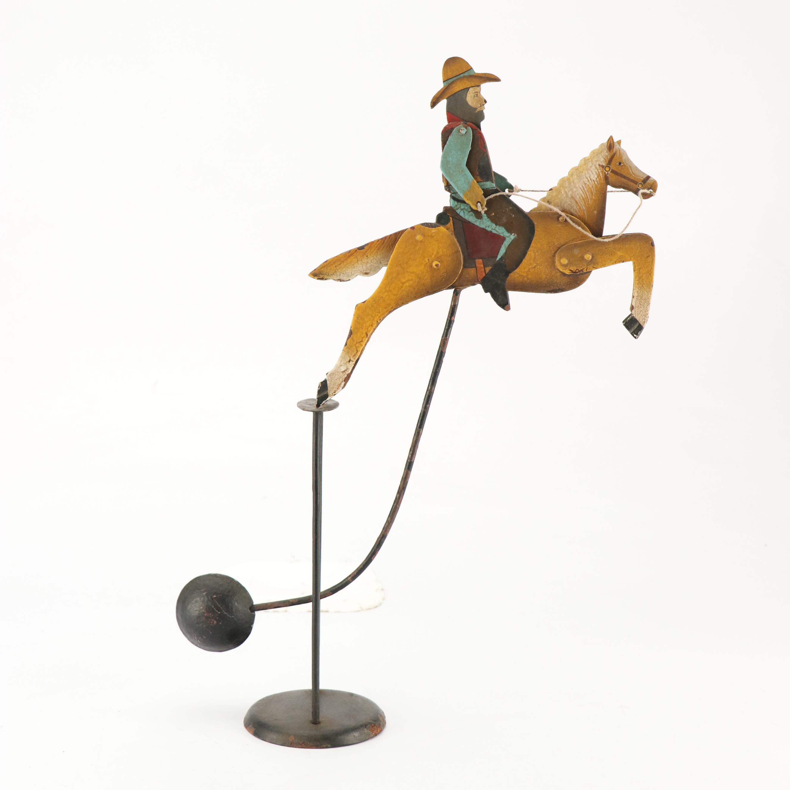 Hand-Painted Folk Art Metal Horse and Cowboy Kinetic Pendulum Balance