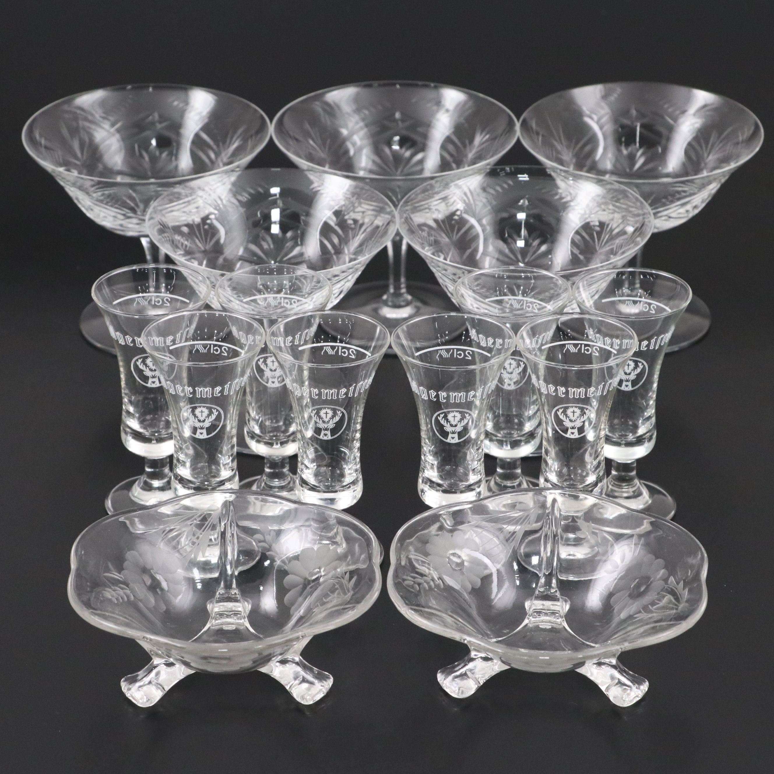 Cut Crystal Etched Champagne Coupes with Footed Bowls and Jäger Shot Glasses