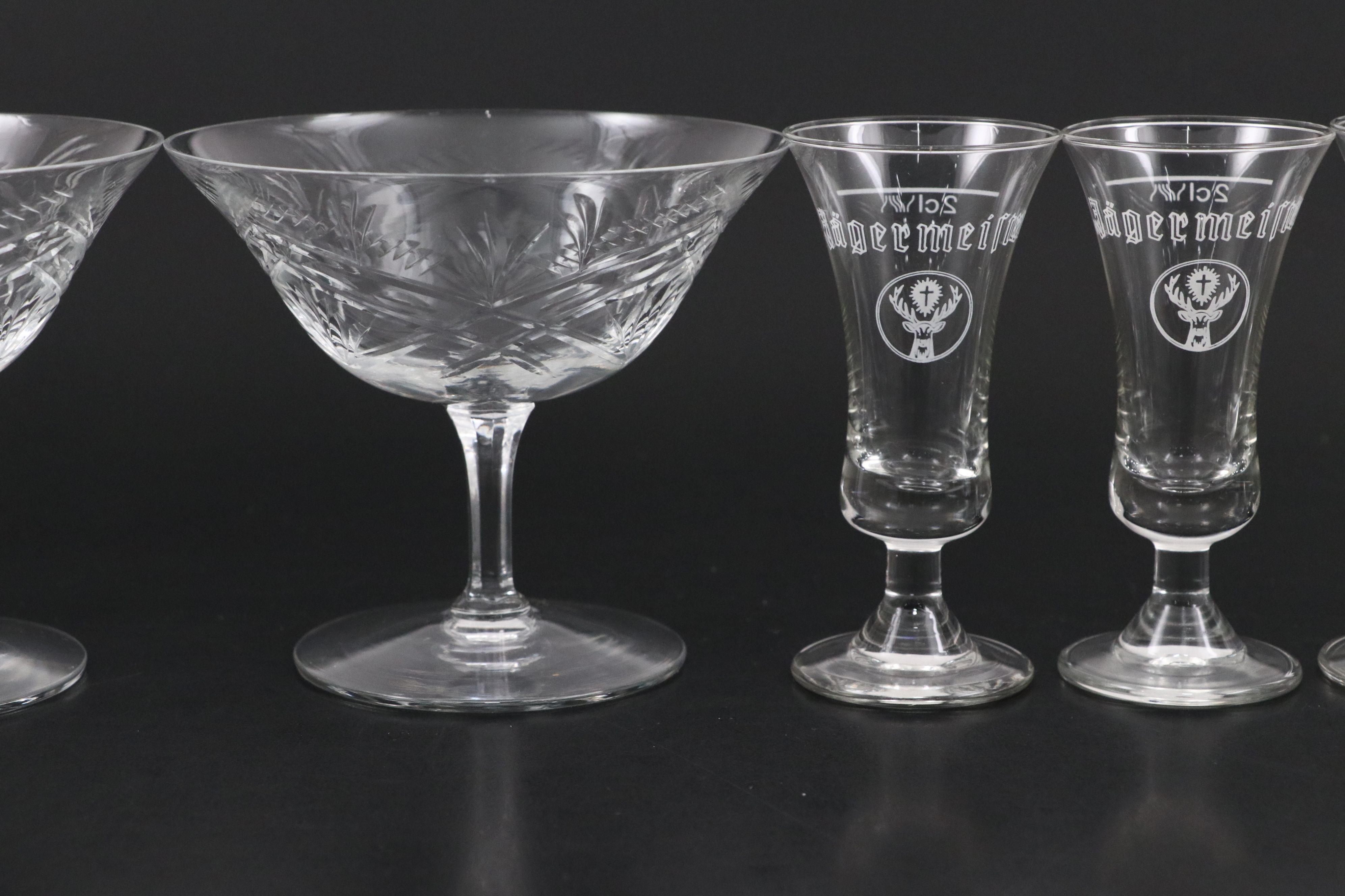 Cut Crystal Etched Champagne Coupes with Footed Bowls and Jäger Shot Glasses