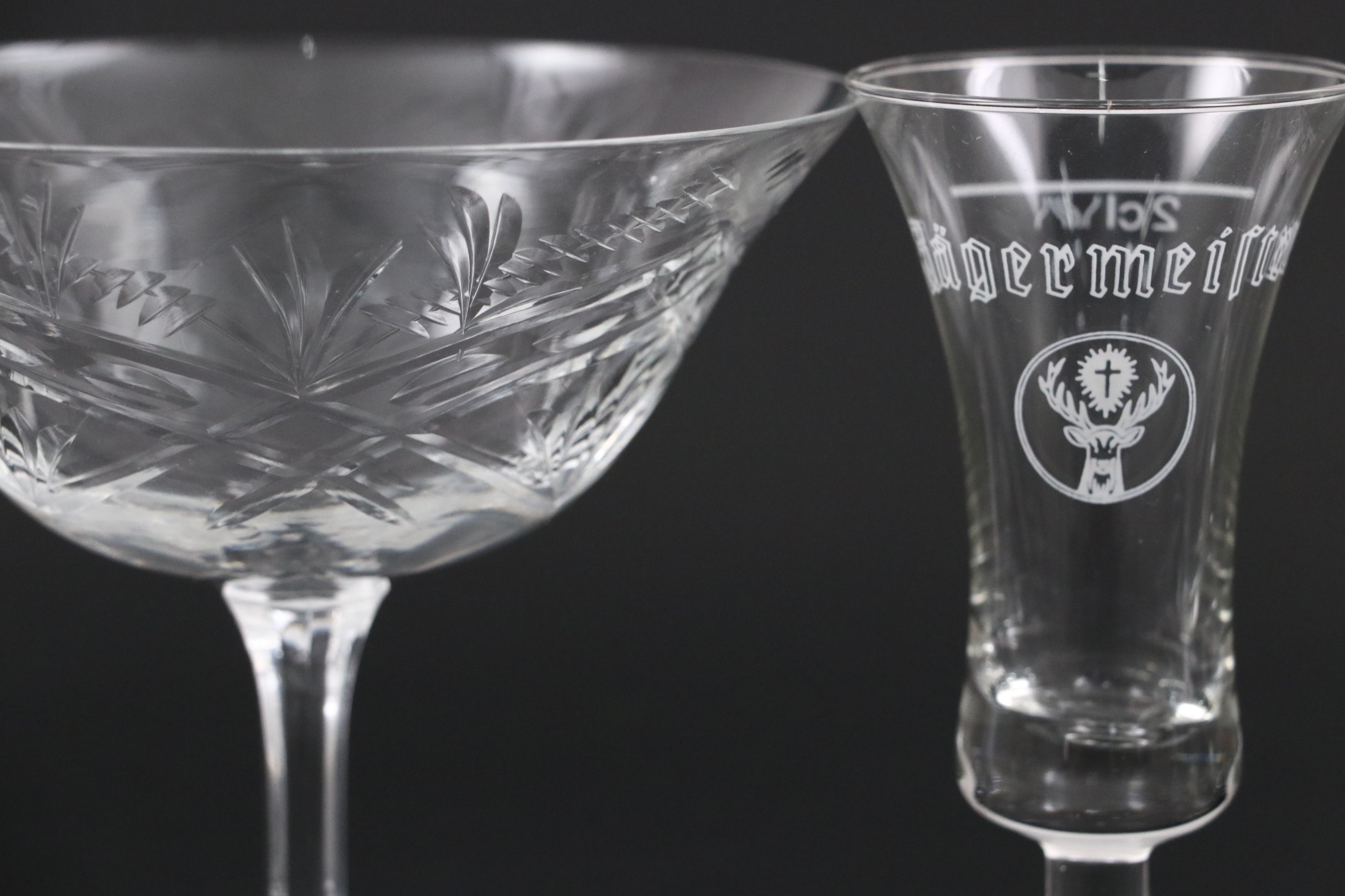 Cut Crystal Etched Champagne Coupes with Footed Bowls and Jäger Shot Glasses
