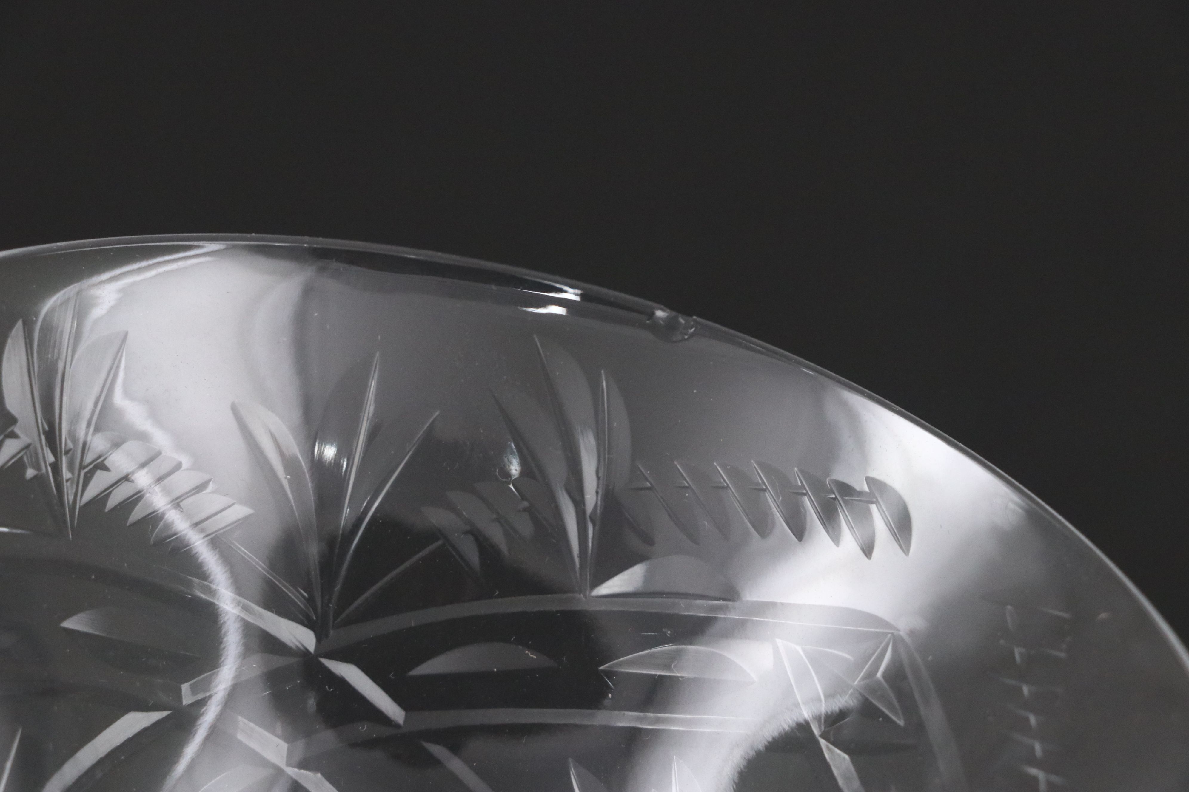 Cut Crystal Etched Champagne Coupes with Footed Bowls and Jäger Shot Glasses