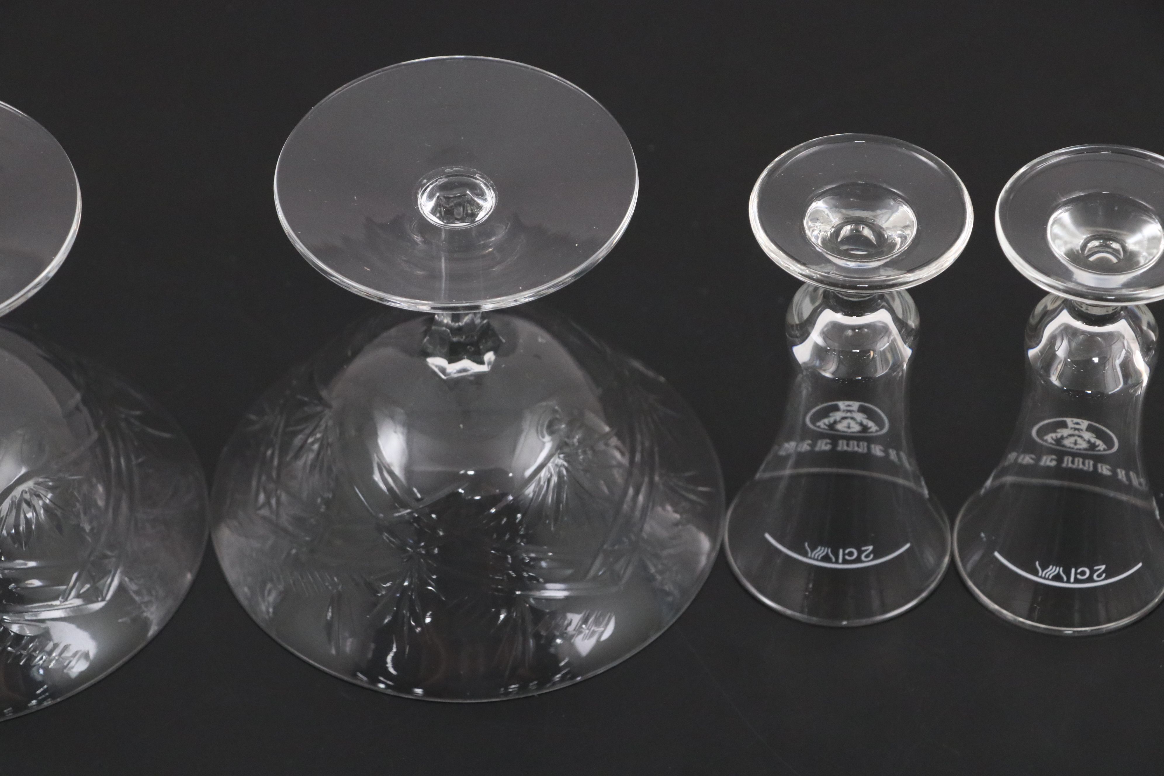 Cut Crystal Etched Champagne Coupes with Footed Bowls and Jäger Shot Glasses