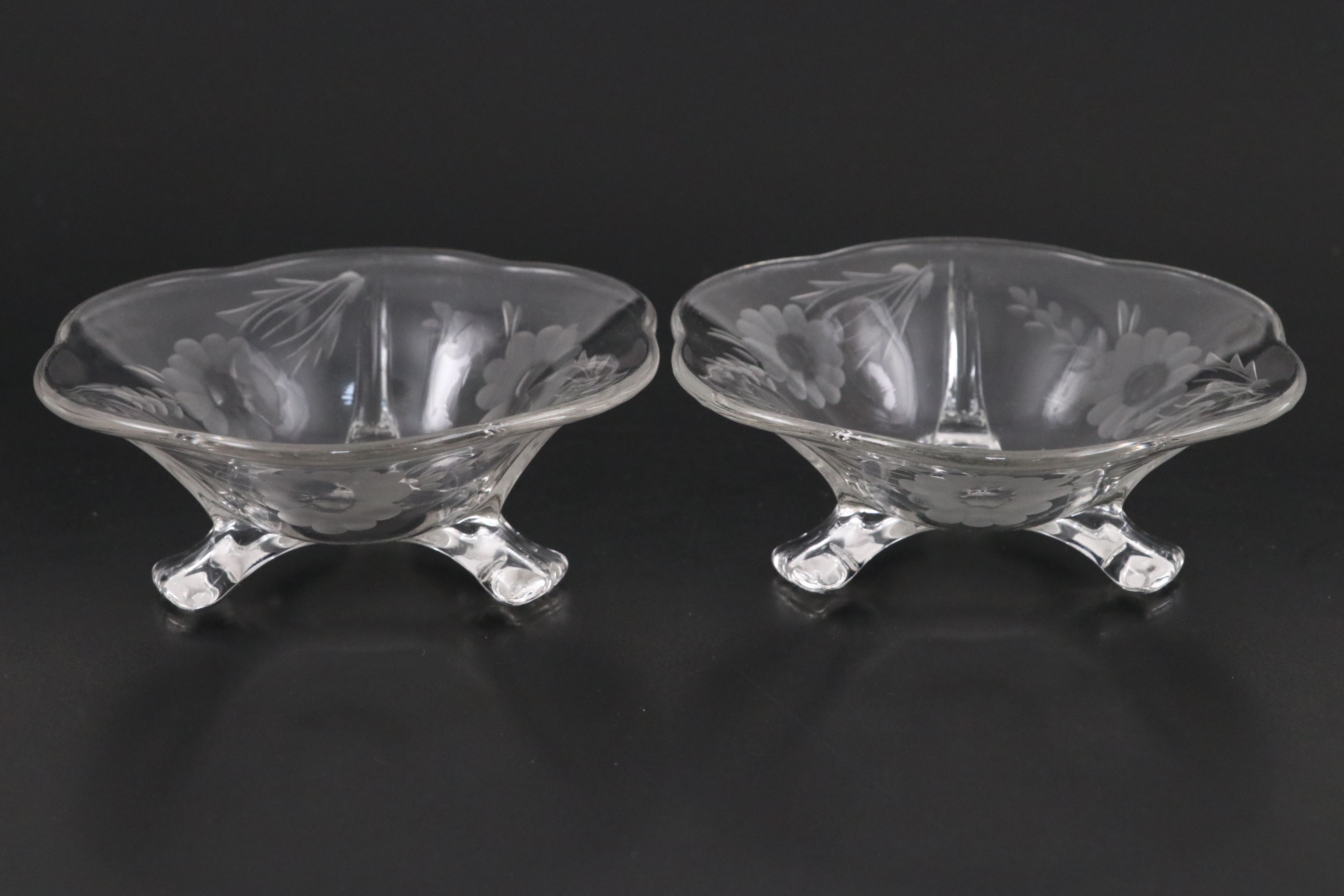 Cut Crystal Etched Champagne Coupes with Footed Bowls and Jäger Shot Glasses
