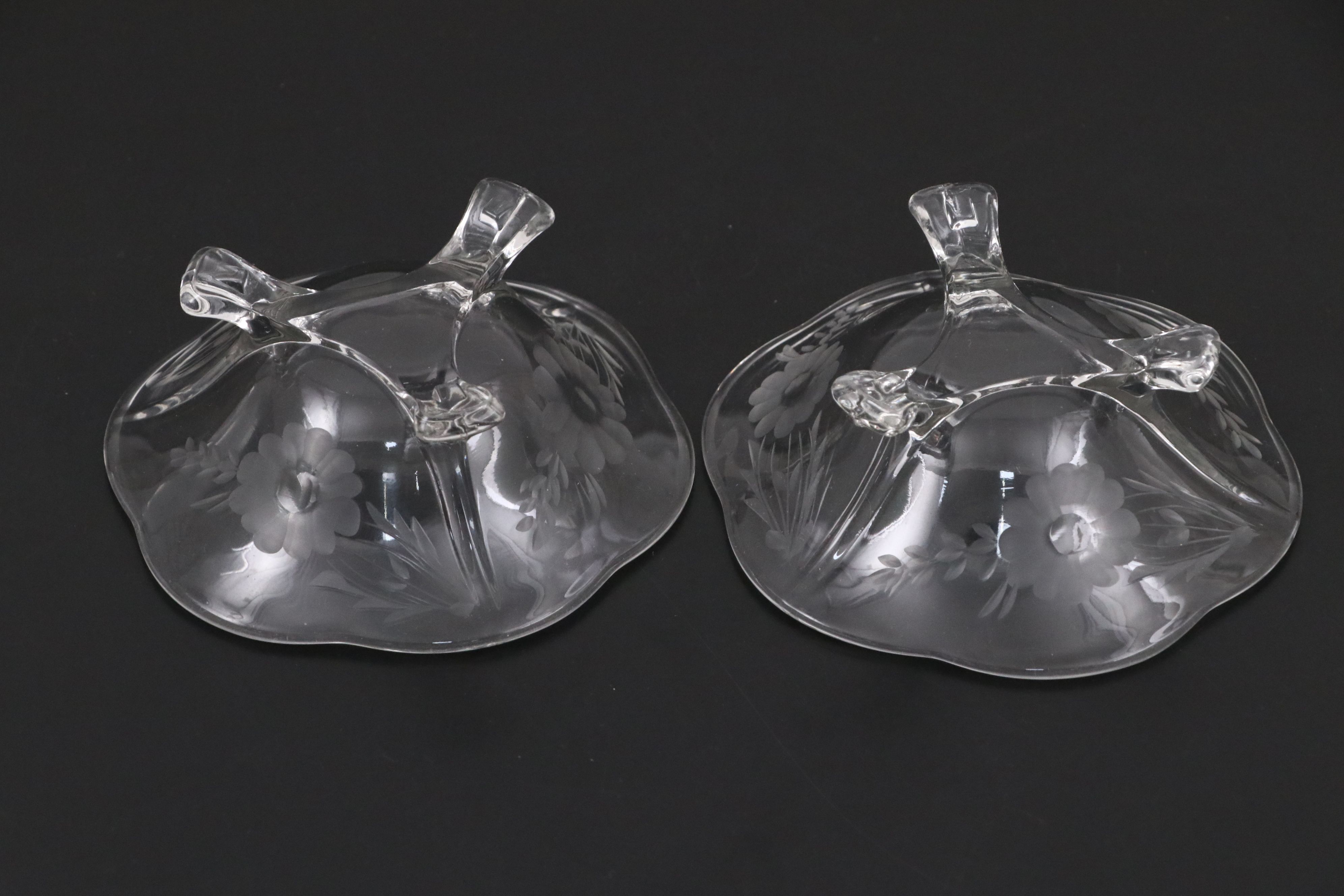 Cut Crystal Etched Champagne Coupes with Footed Bowls and Jäger Shot Glasses