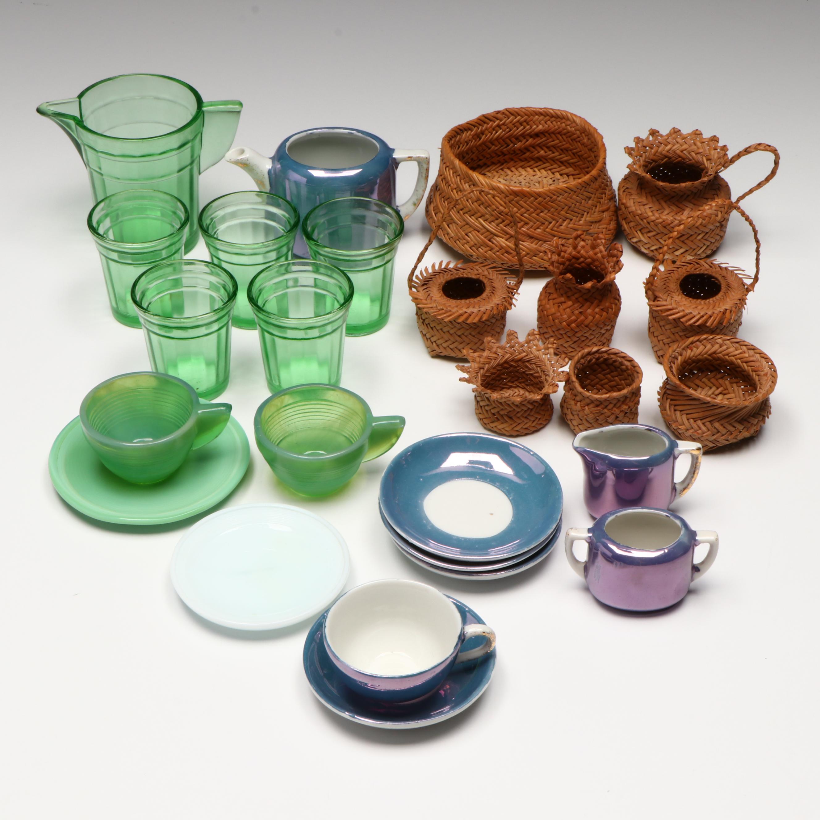 Akro Agate Uranium Glass Miniature Pitcher, Tumblers and More Tableware