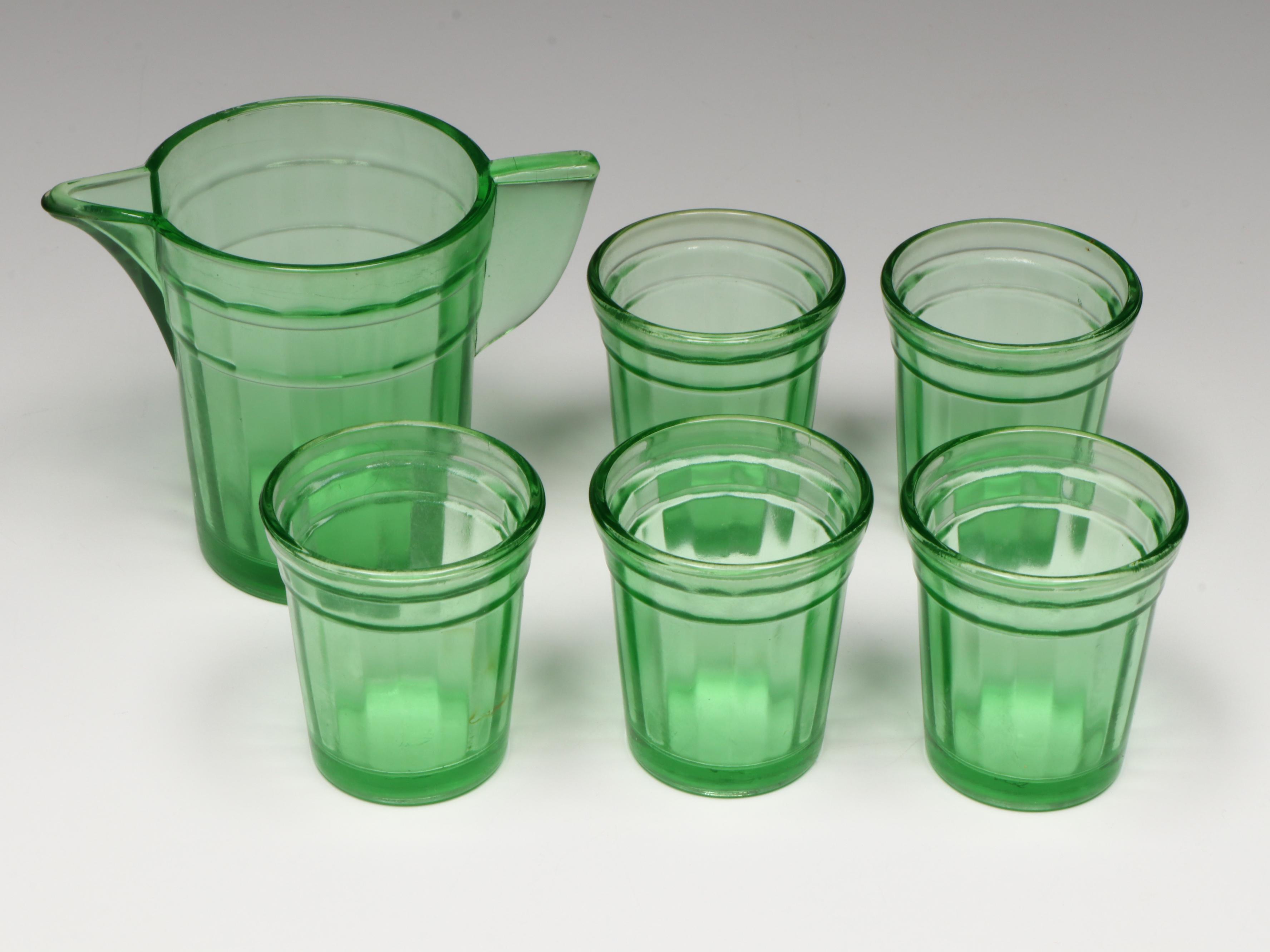 Akro Agate Uranium Glass Miniature Pitcher, Tumblers and More Tableware