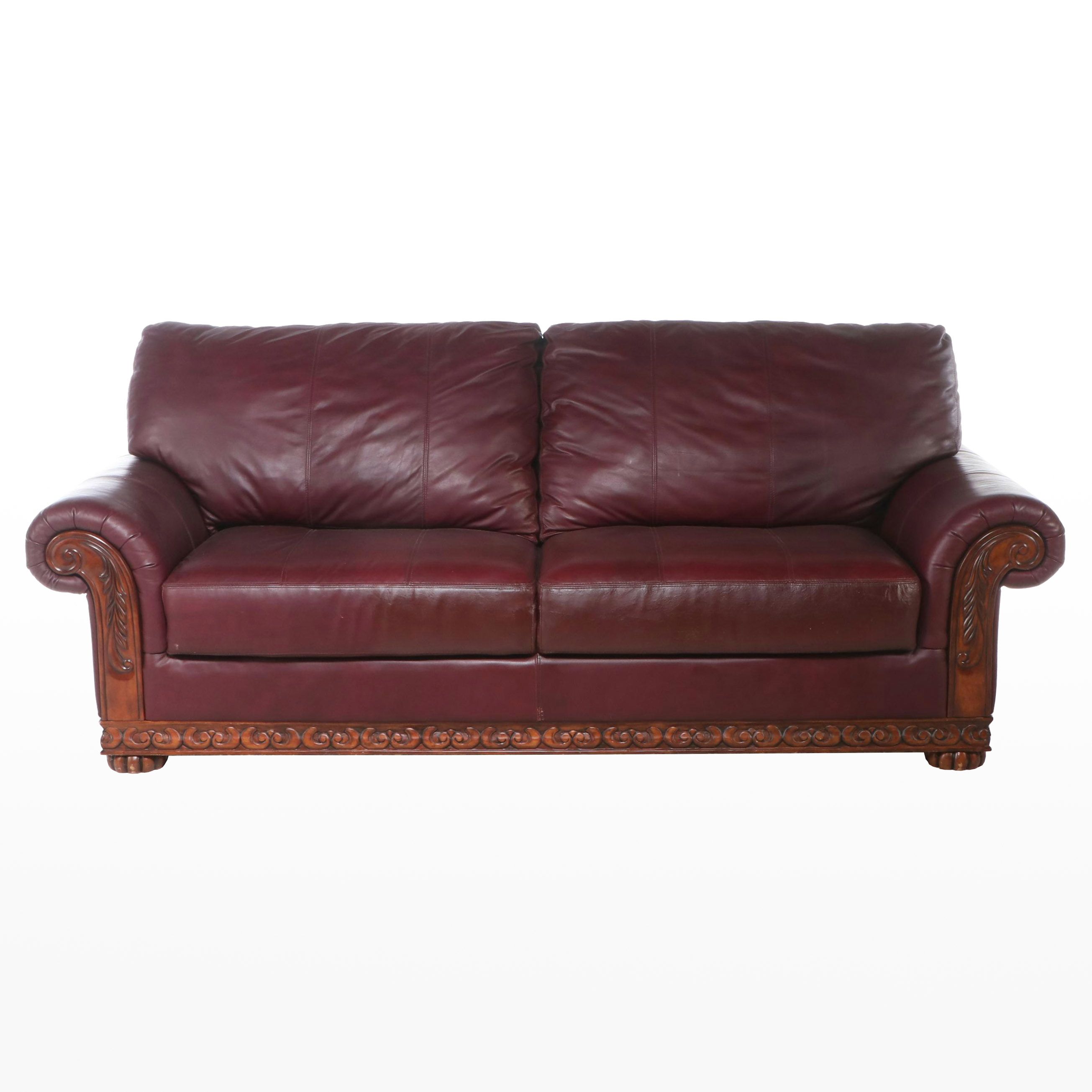 Carved Wood and Leather Sofa