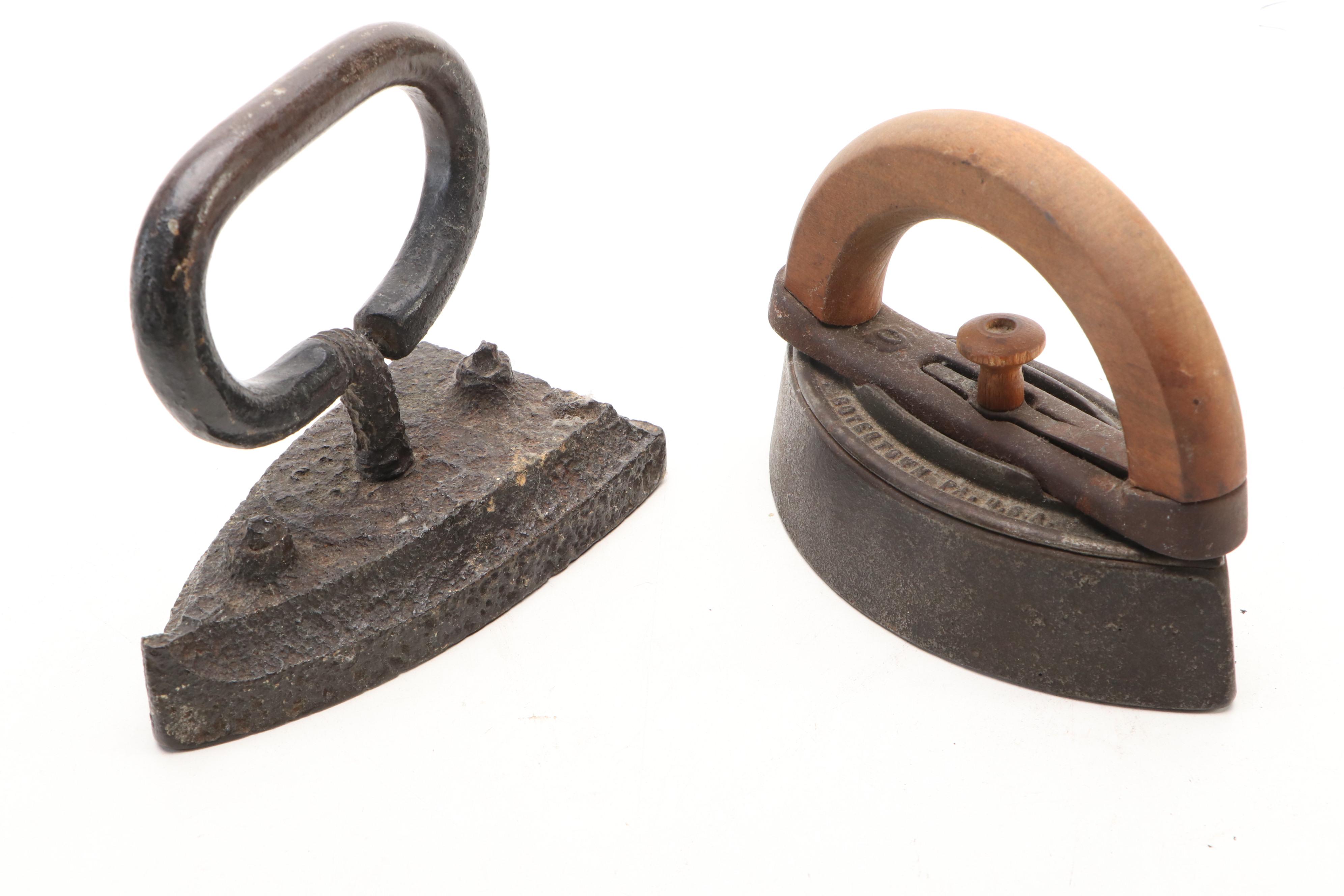 Antique Sad Irons with Wood and Twisted Metal Handles