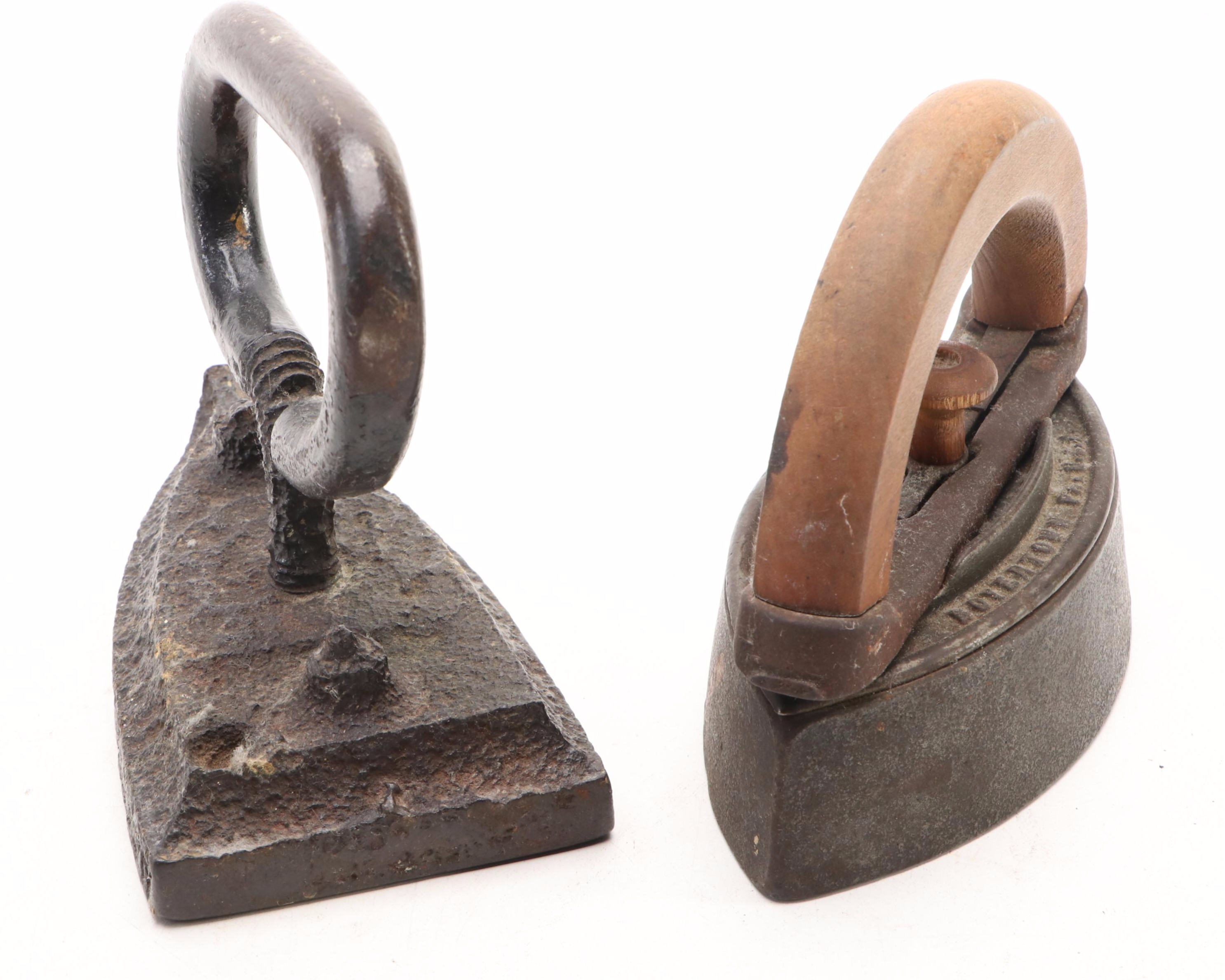 Antique Sad Irons with Wood and Twisted Metal Handles