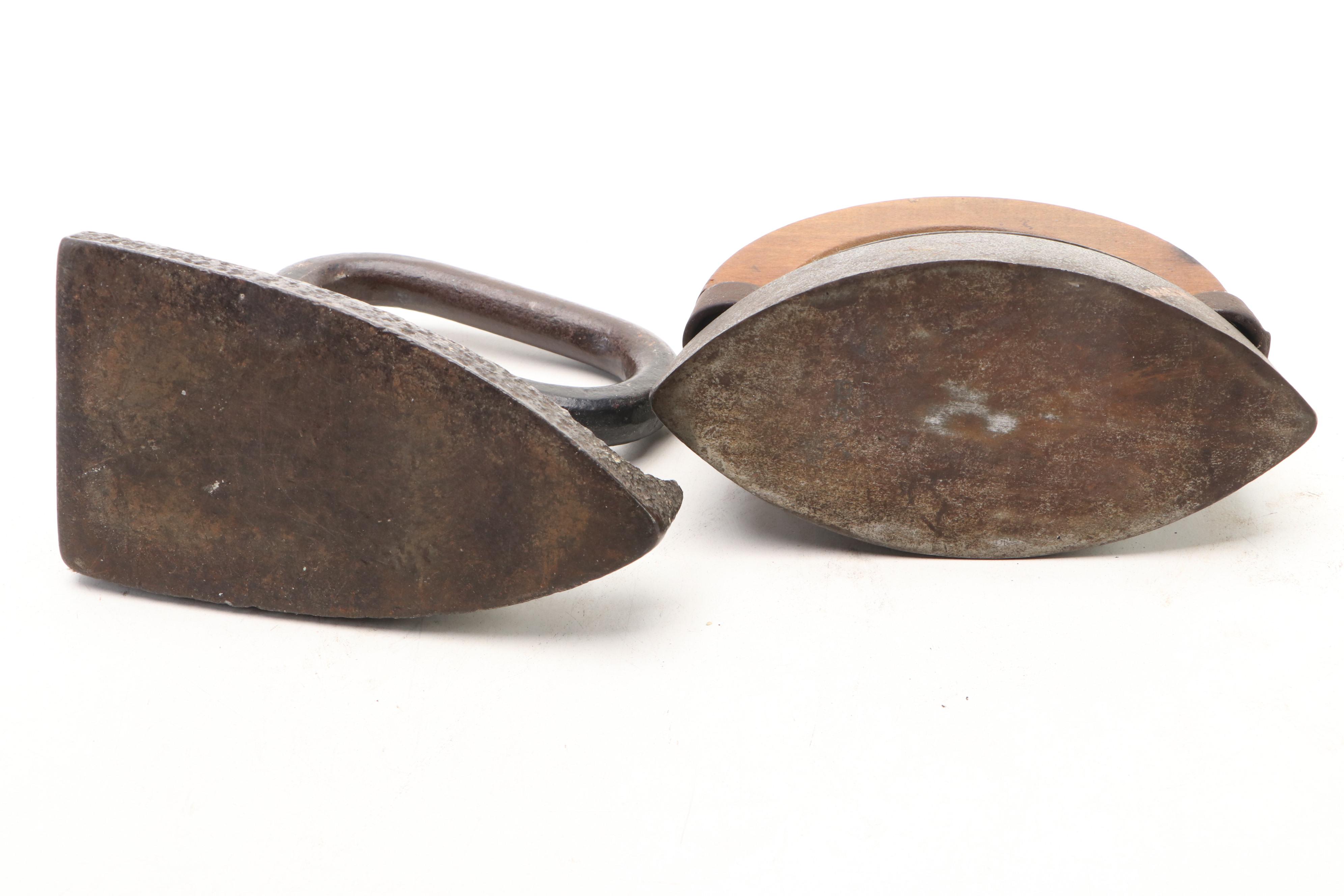 Antique Sad Irons with Wood and Twisted Metal Handles